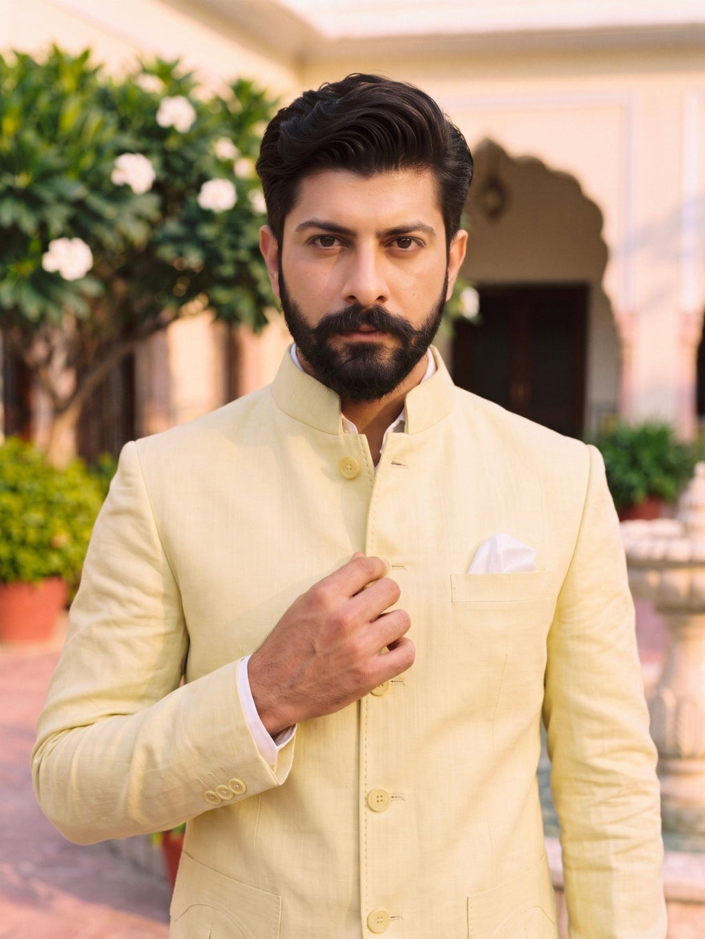 Jodhpuri Bandhgala Cotton Linen - Light Yellow - Jaipuri Crown