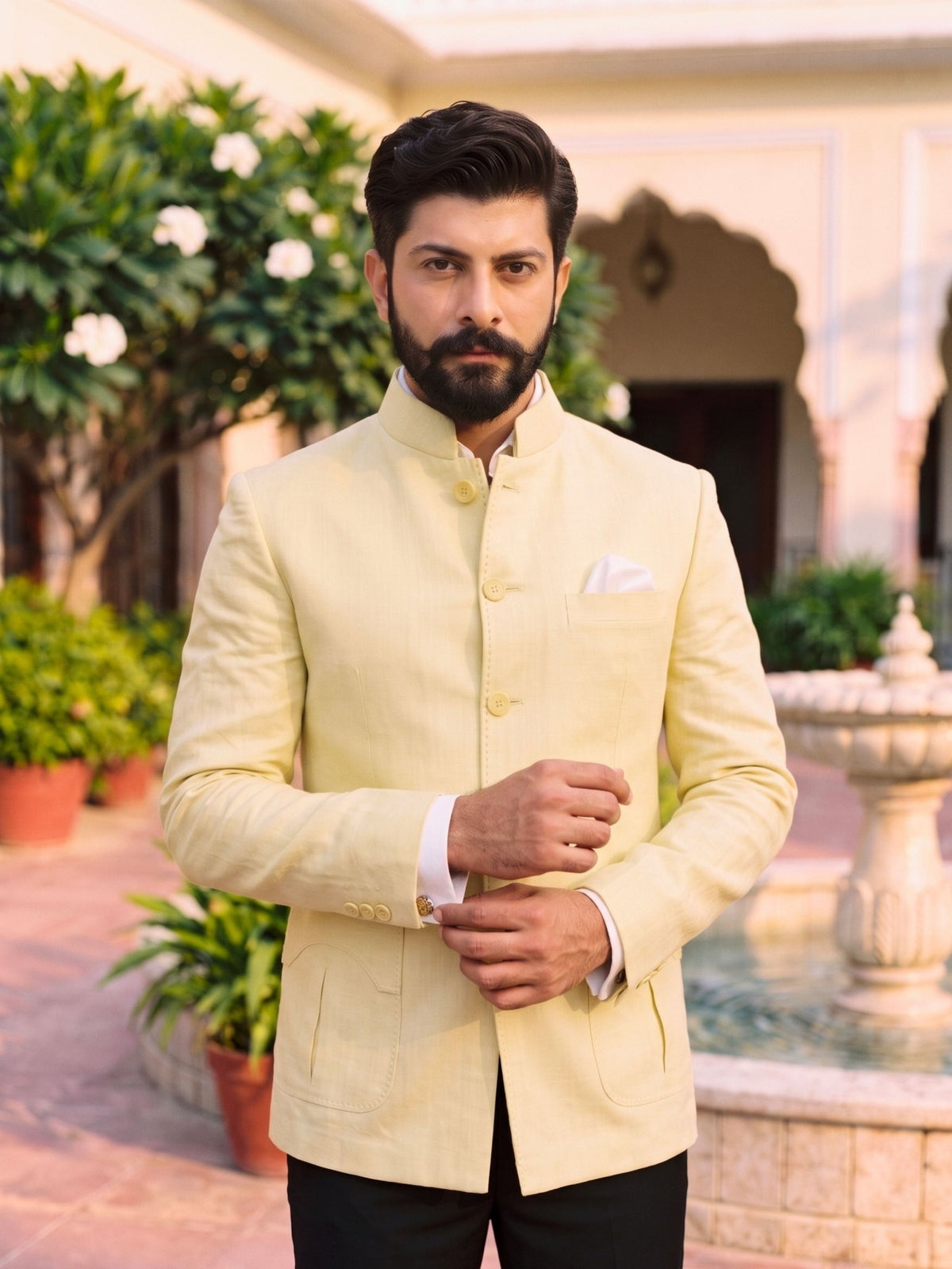 Jodhpuri Bandhgala Cotton Linen - Light Yellow - Jaipuri Crown
