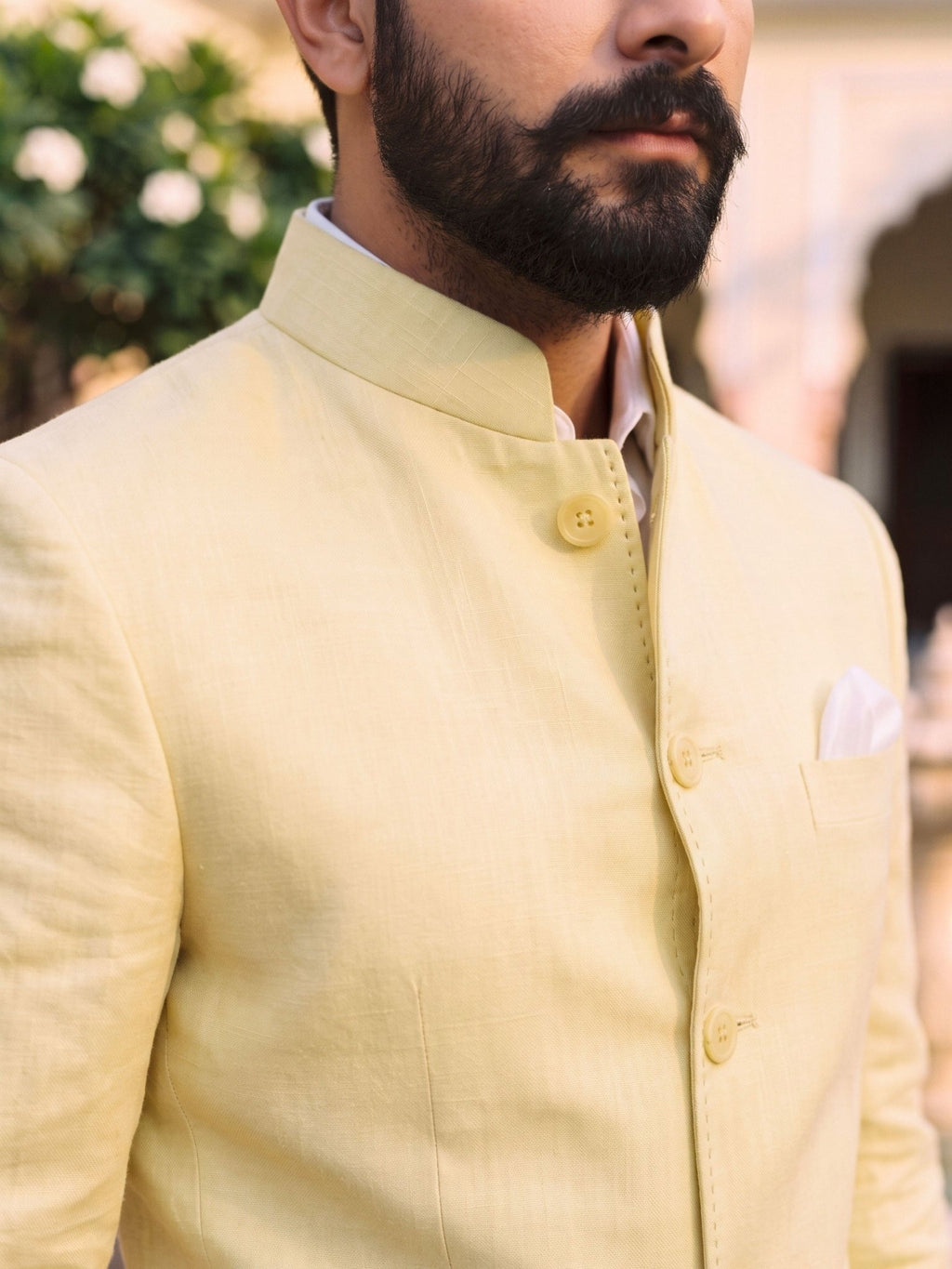 Jodhpuri Bandhgala Cotton Linen - Light Yellow - Jaipuri Crown