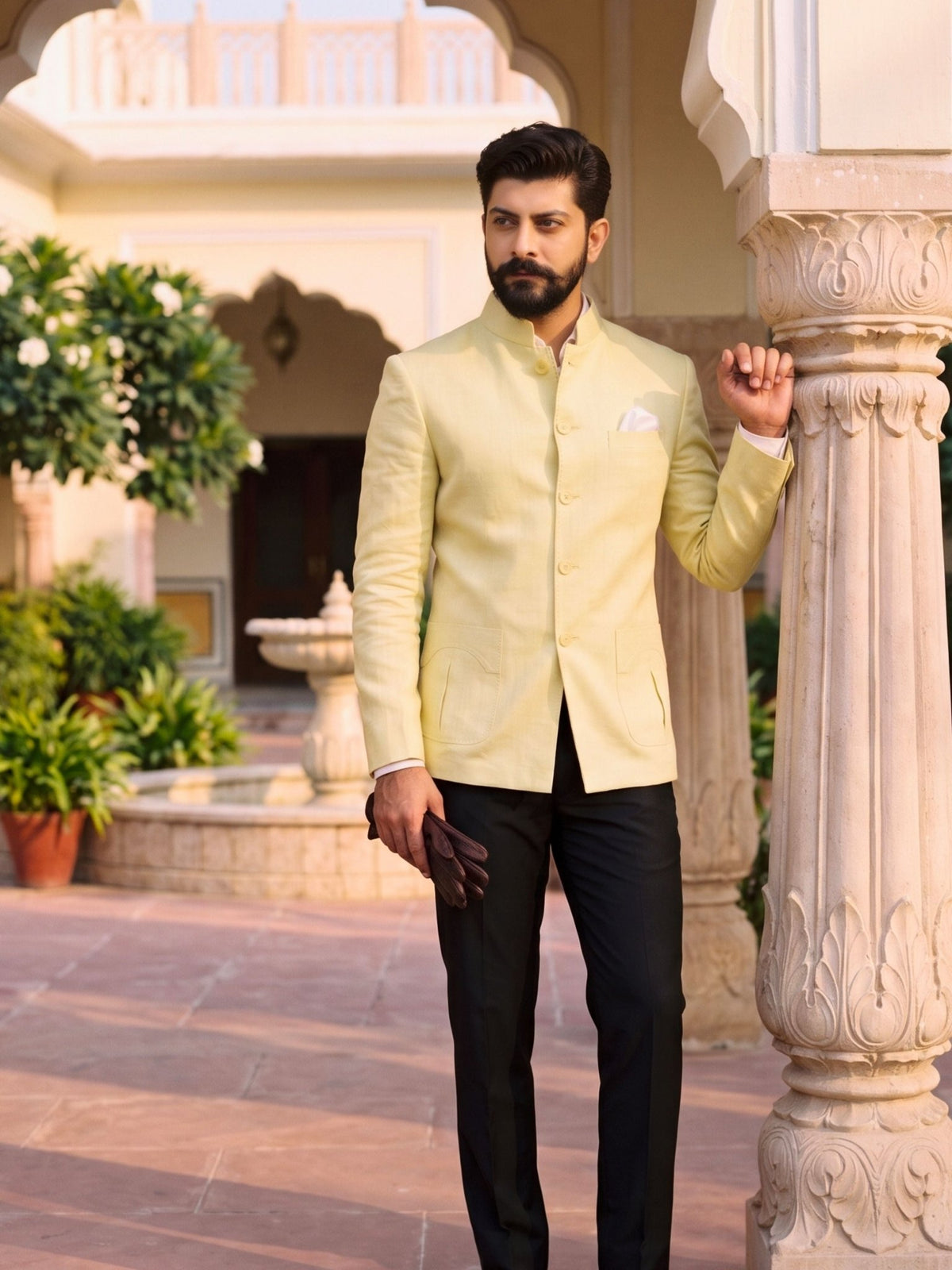 Jodhpuri Bandhgala Cotton Linen - Light Yellow - Jaipuri Crown