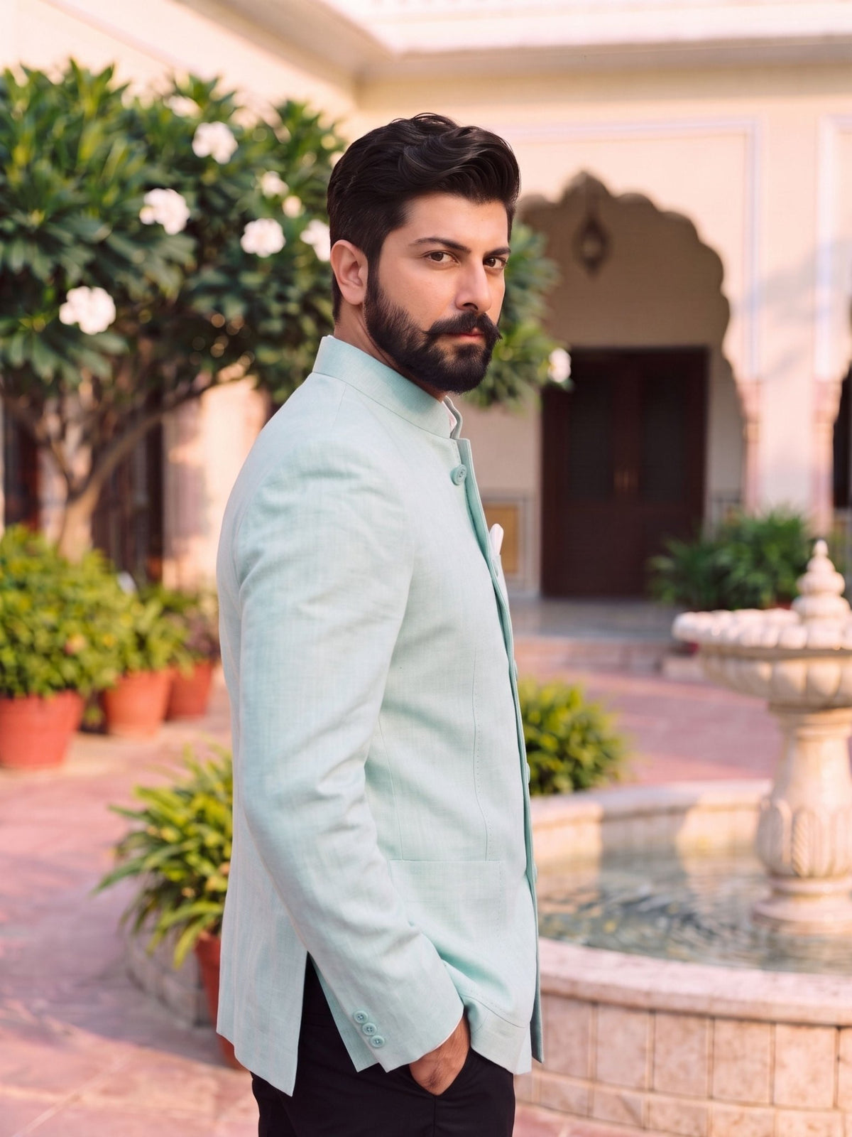 Jodhpuri Bandhgala Cotton Linen - Mint Green - Jaipuri Crown