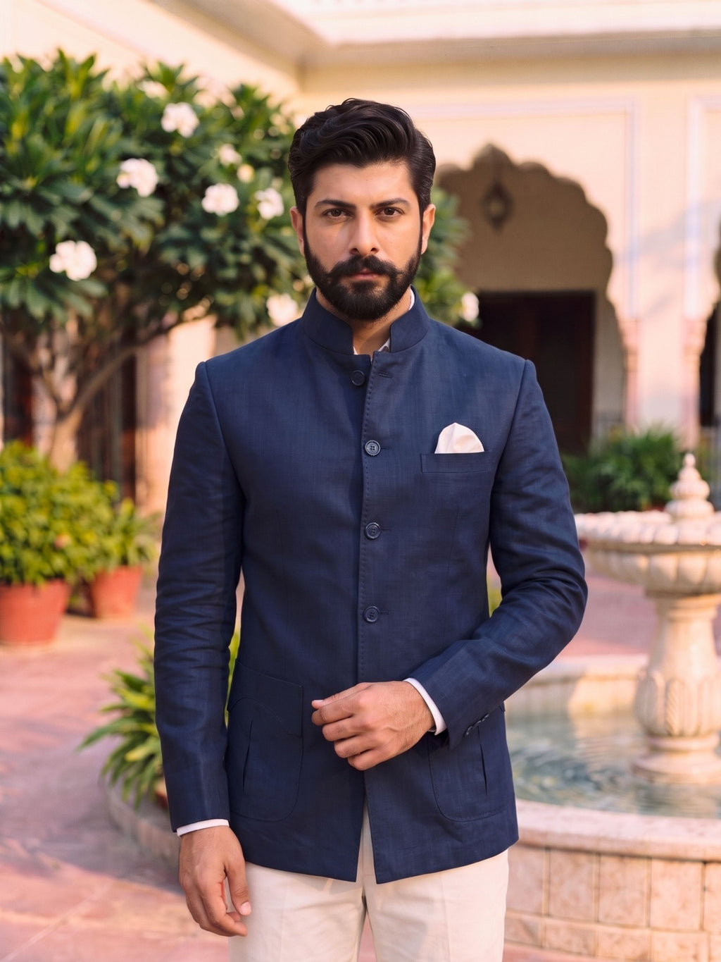 Jodhpuri Bandhgala Cotton Linen - Navy Blue - Jaipuri Crown