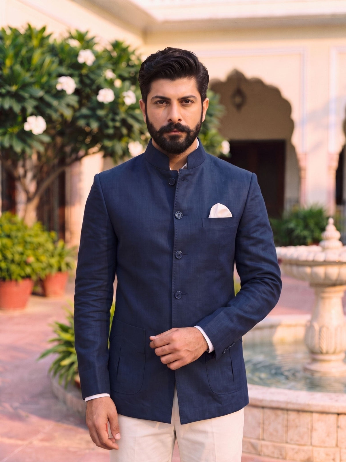 Jodhpuri Bandhgala Cotton Linen - Navy Blue - Jaipuri Crown