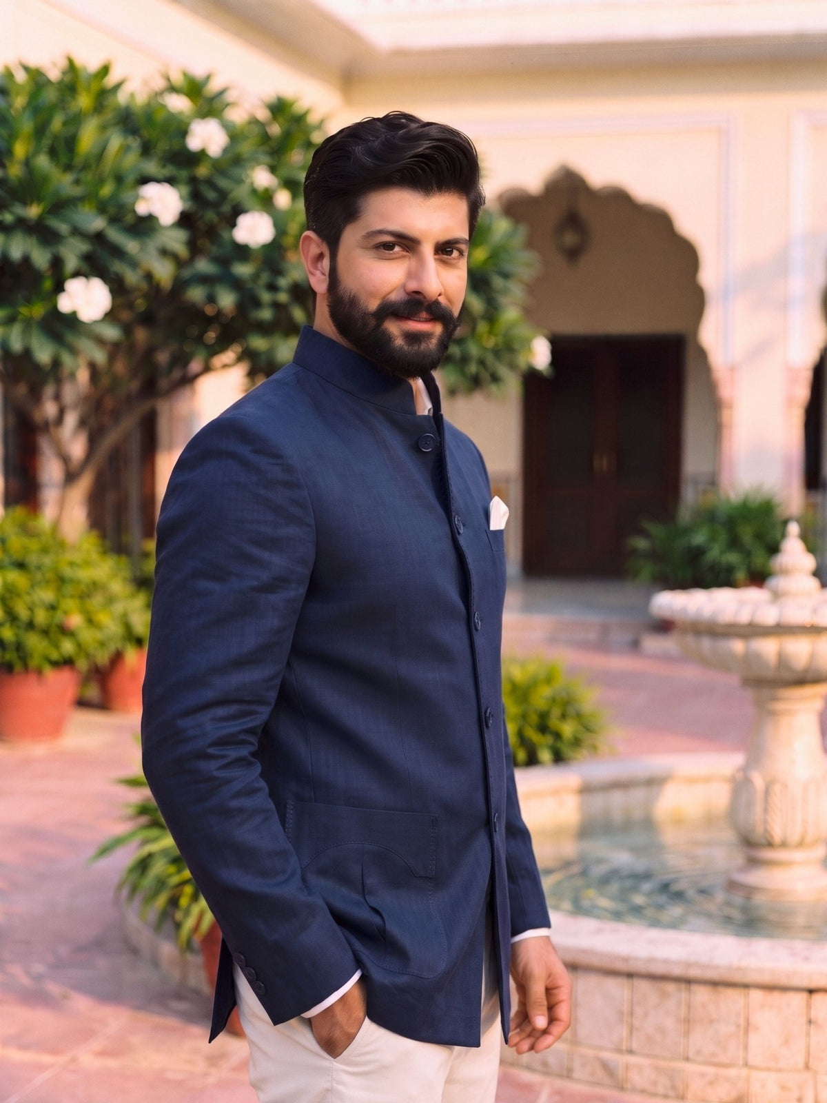 Jodhpuri Bandhgala Cotton Linen - Navy Blue - Jaipuri Crown