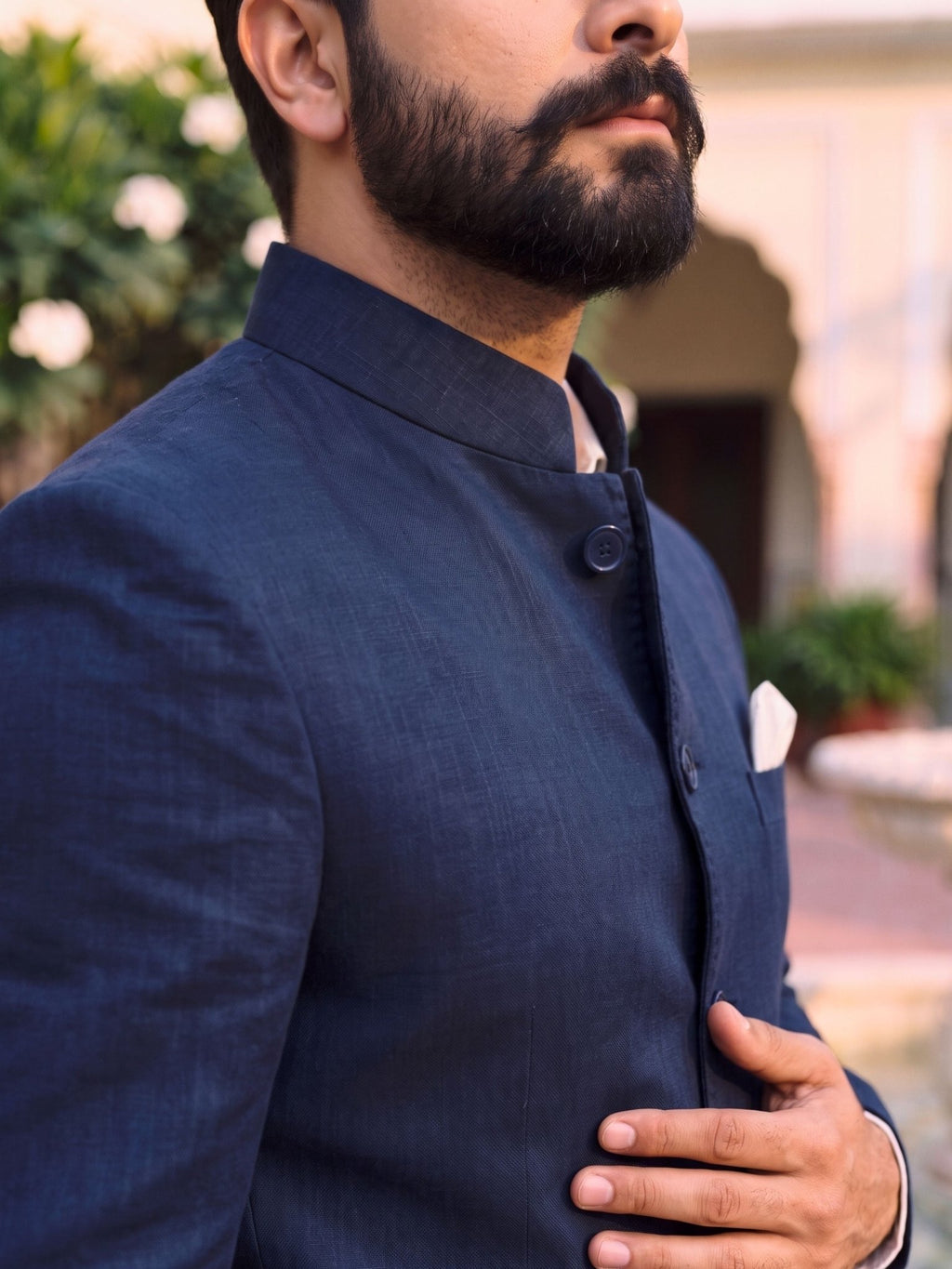 Jodhpuri Bandhgala Cotton Linen - Navy Blue - Jaipuri Crown