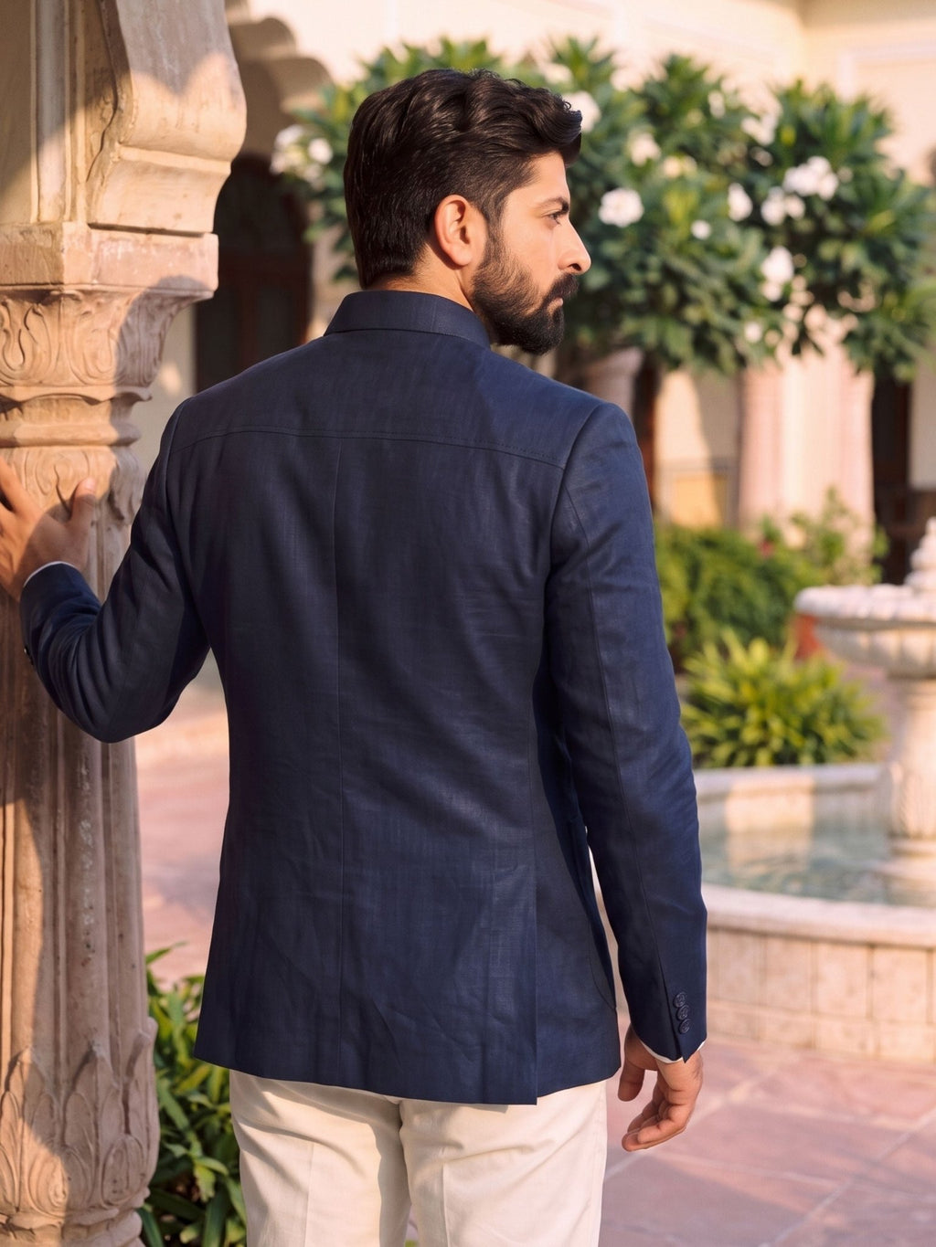 Jodhpuri Bandhgala Cotton Linen - Navy Blue - Jaipuri Crown