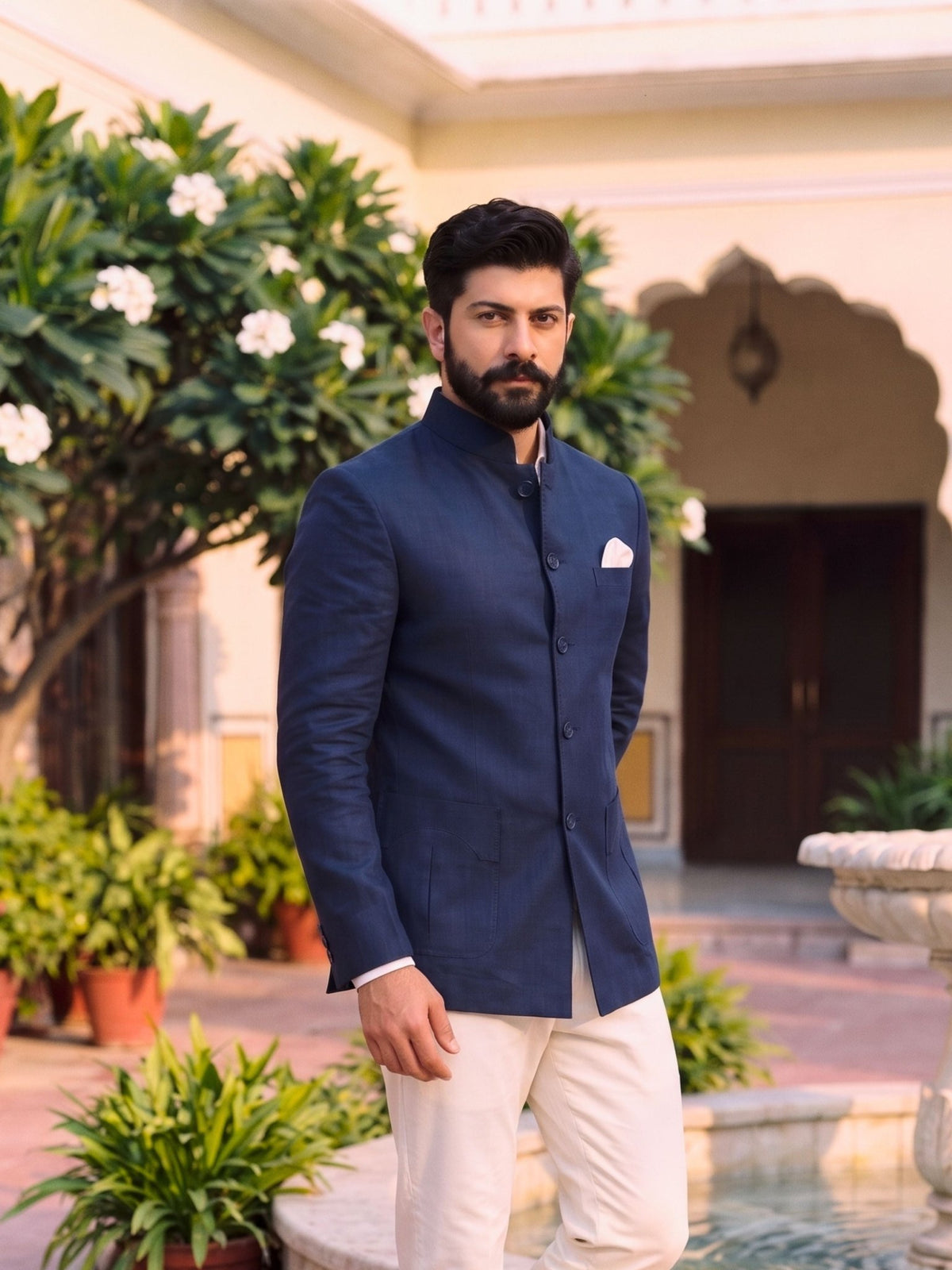 Jodhpuri Bandhgala Cotton Linen - Navy Blue - Jaipuri Crown