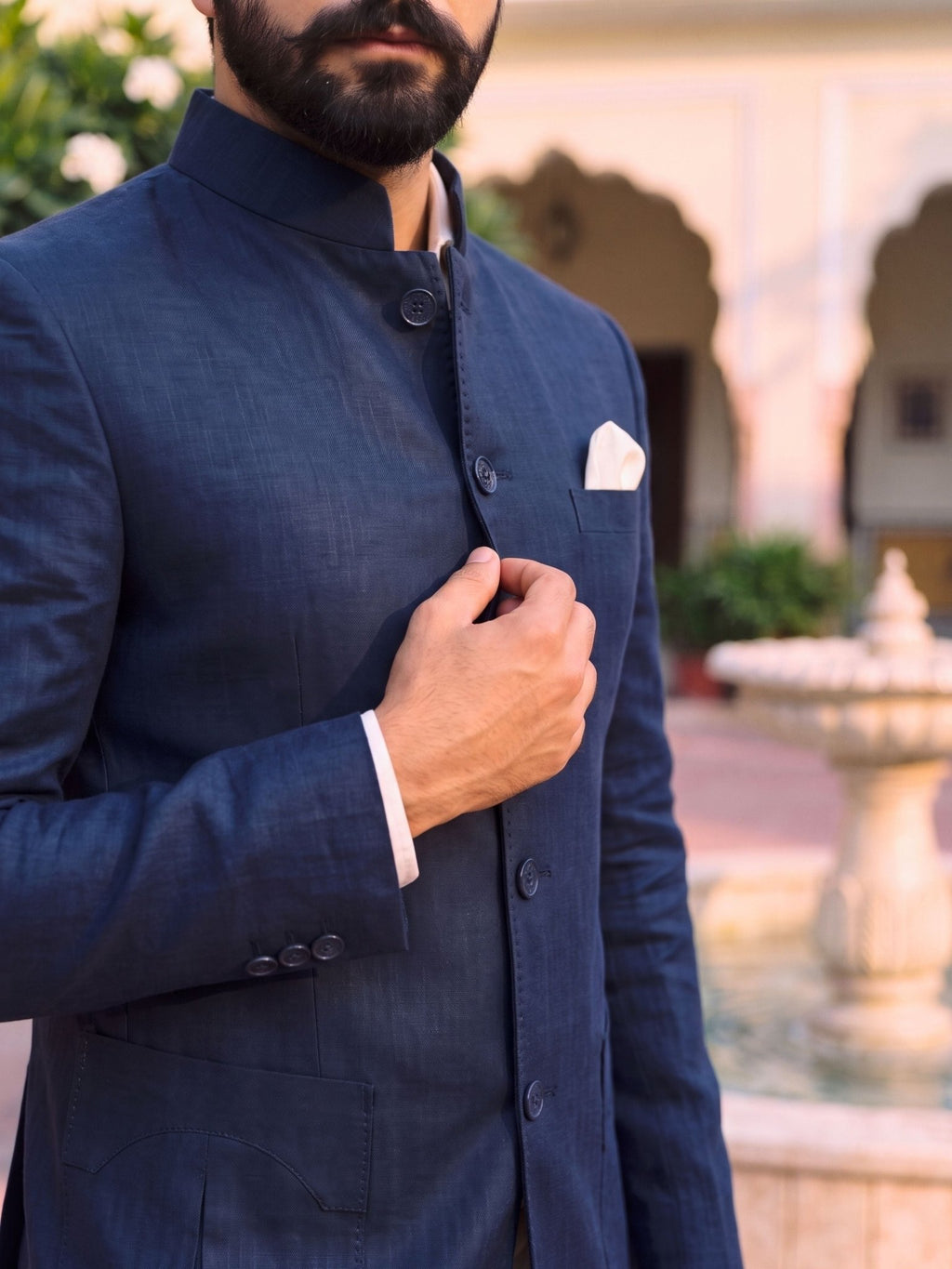 Jodhpuri Bandhgala Cotton Linen - Navy Blue - Jaipuri Crown