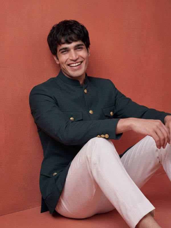 Jodhpuri Bandhgala- Rust Green - Jaipuri Crown