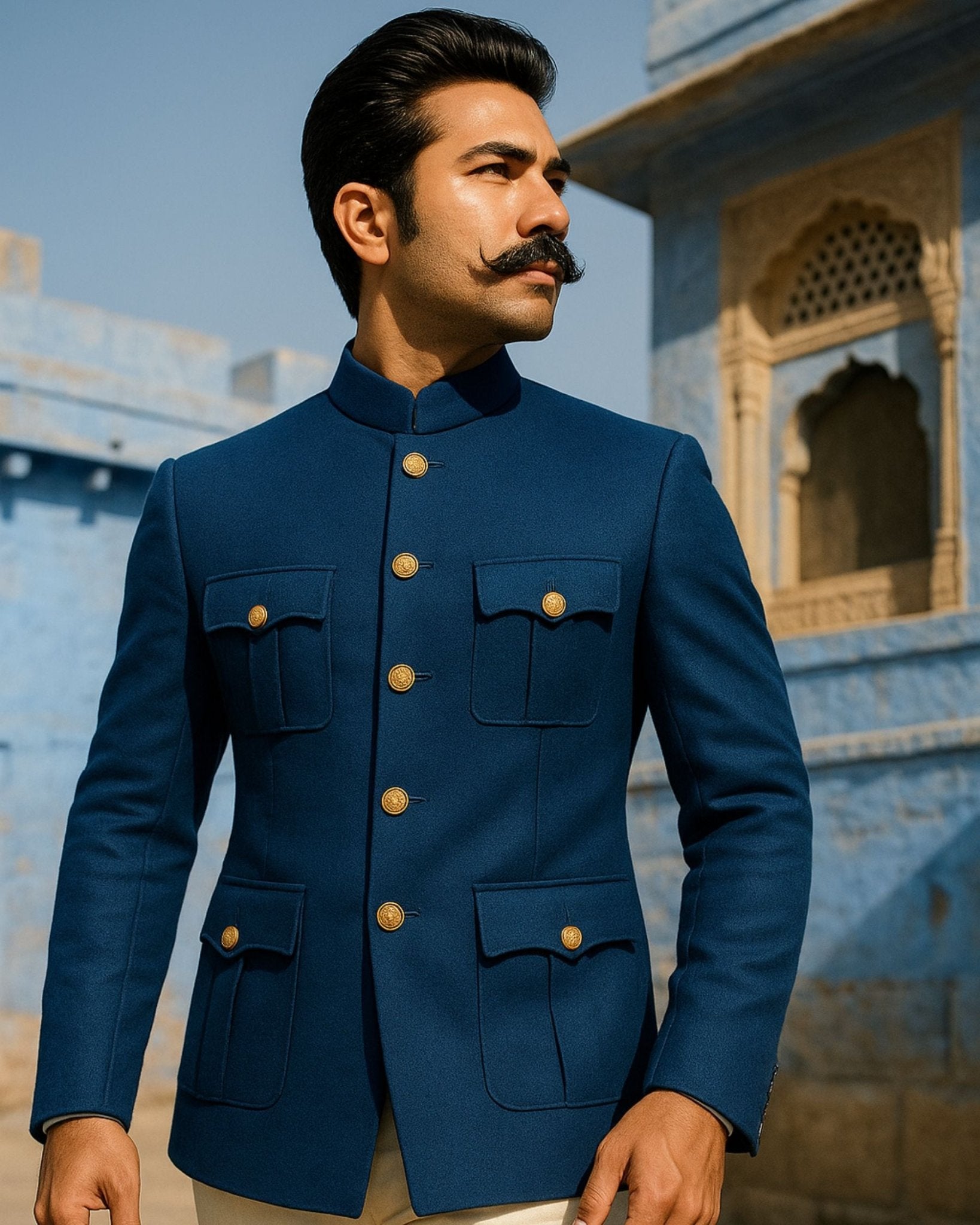 Jodhpuri Bandhgala Suit - Phirozhi Blue - Jaipuri Crown