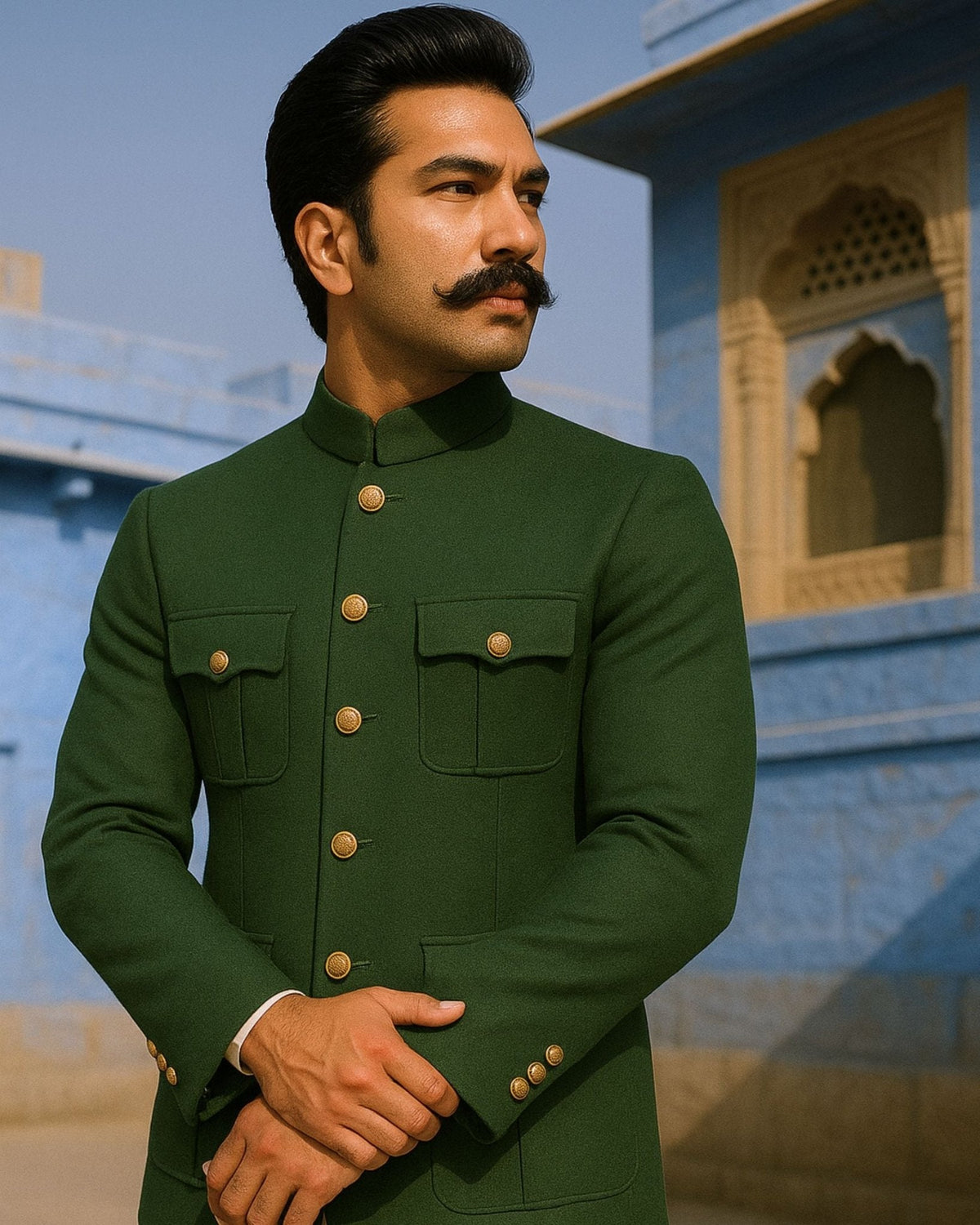 Jodhpuri Bandhgala Suit - Rust Green - Jaipuri Crown