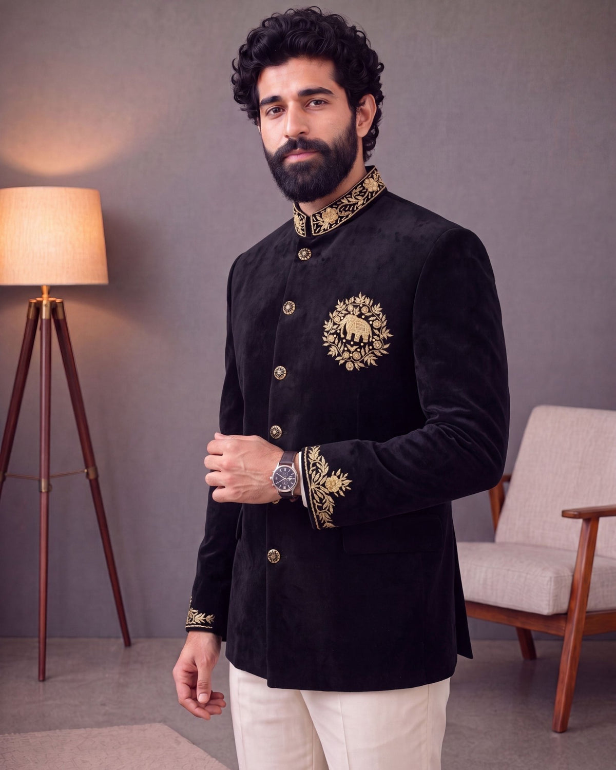 Jodhpuri Bandhgala - Velvet Black - Jaipuri Crown