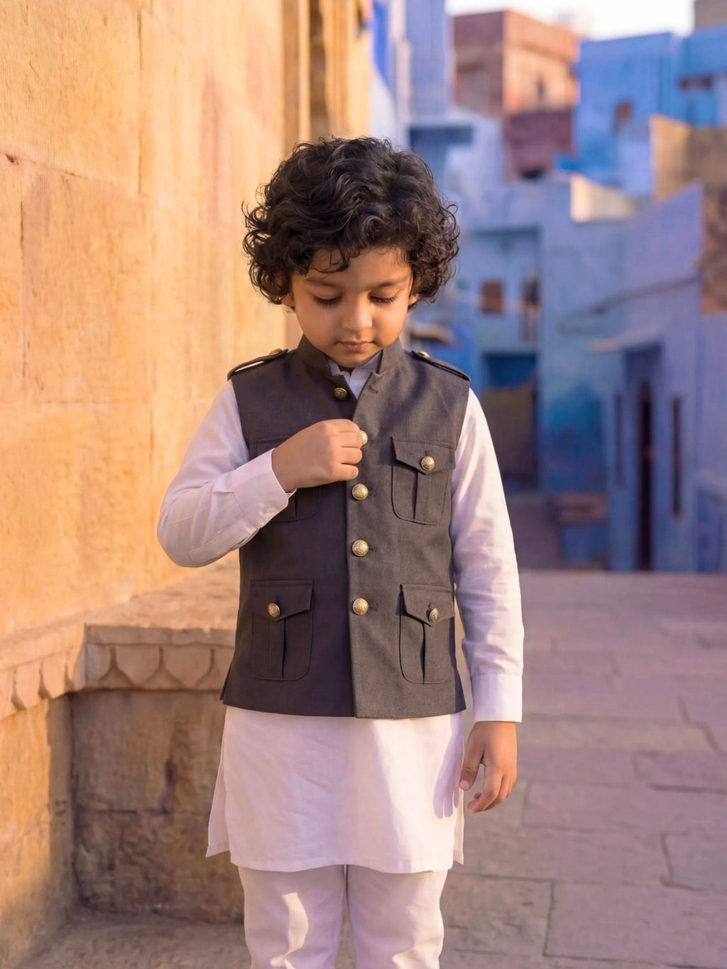 Kids' Hunting Jacket – 4-Pocket Grey - Jaipuri Crown