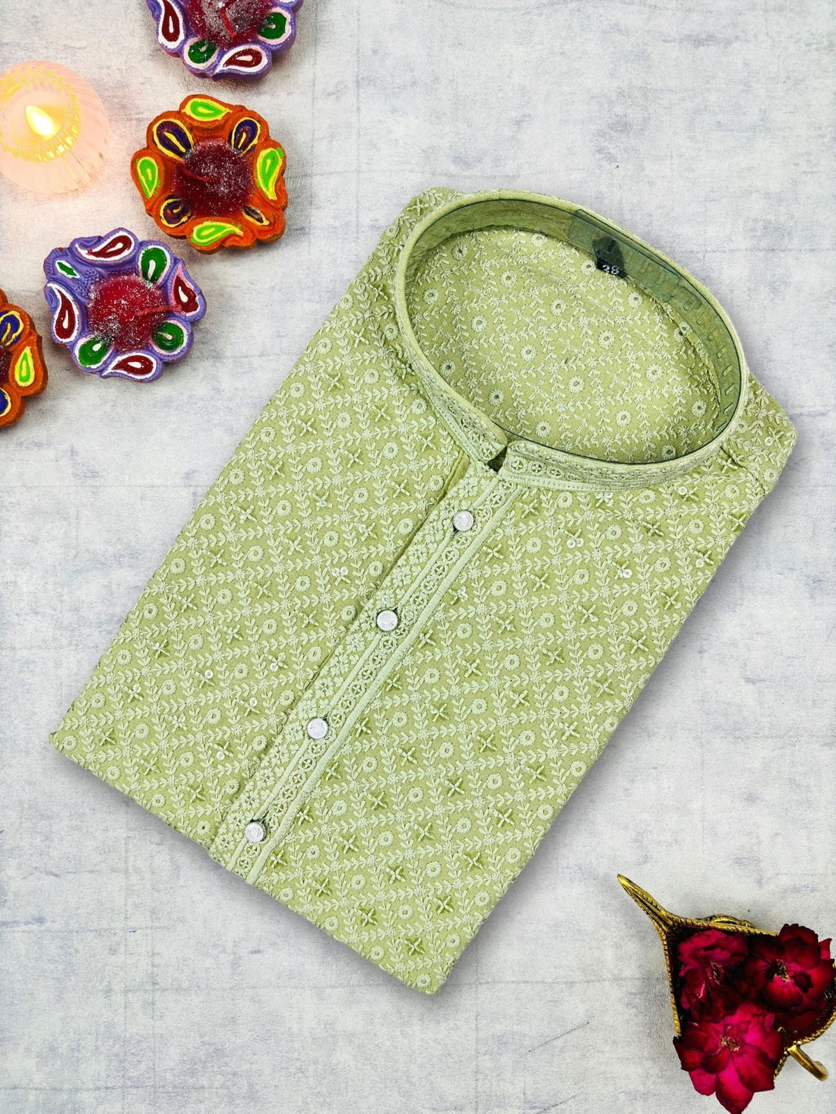 Leaf Green Square Lucknowi Kurta - Jaipuri Crown