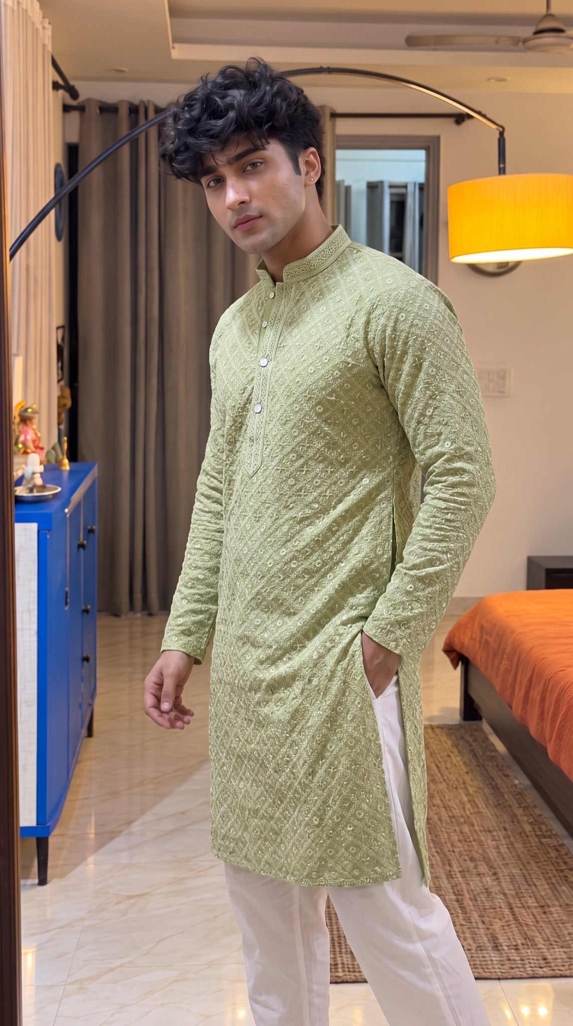 Leaf Green Square Lucknowi Kurta - Jaipuri Crown