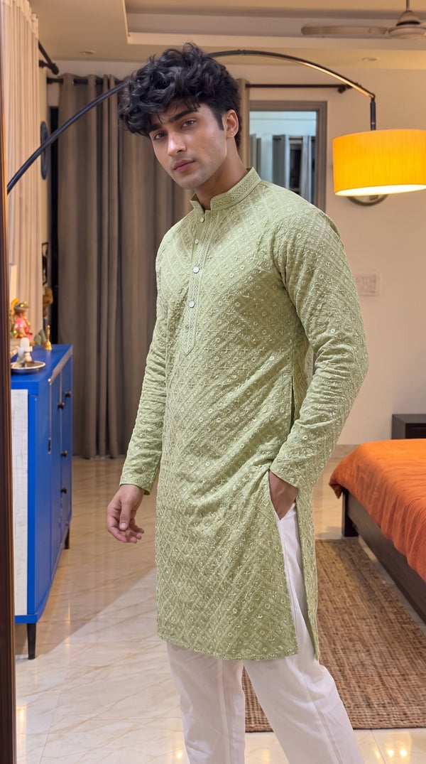 Leaf Green Square Lucknowi Kurta - Jaipuri Crown