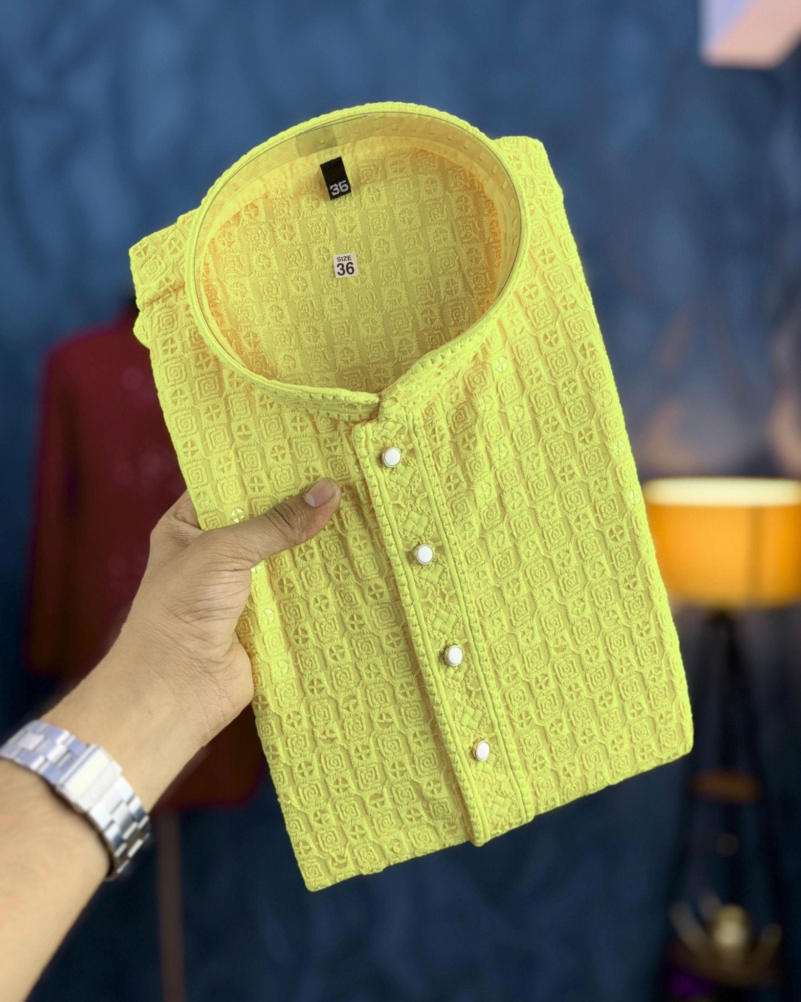 Lemon Yellow Chikankari Kurta - Jaipuri Crown