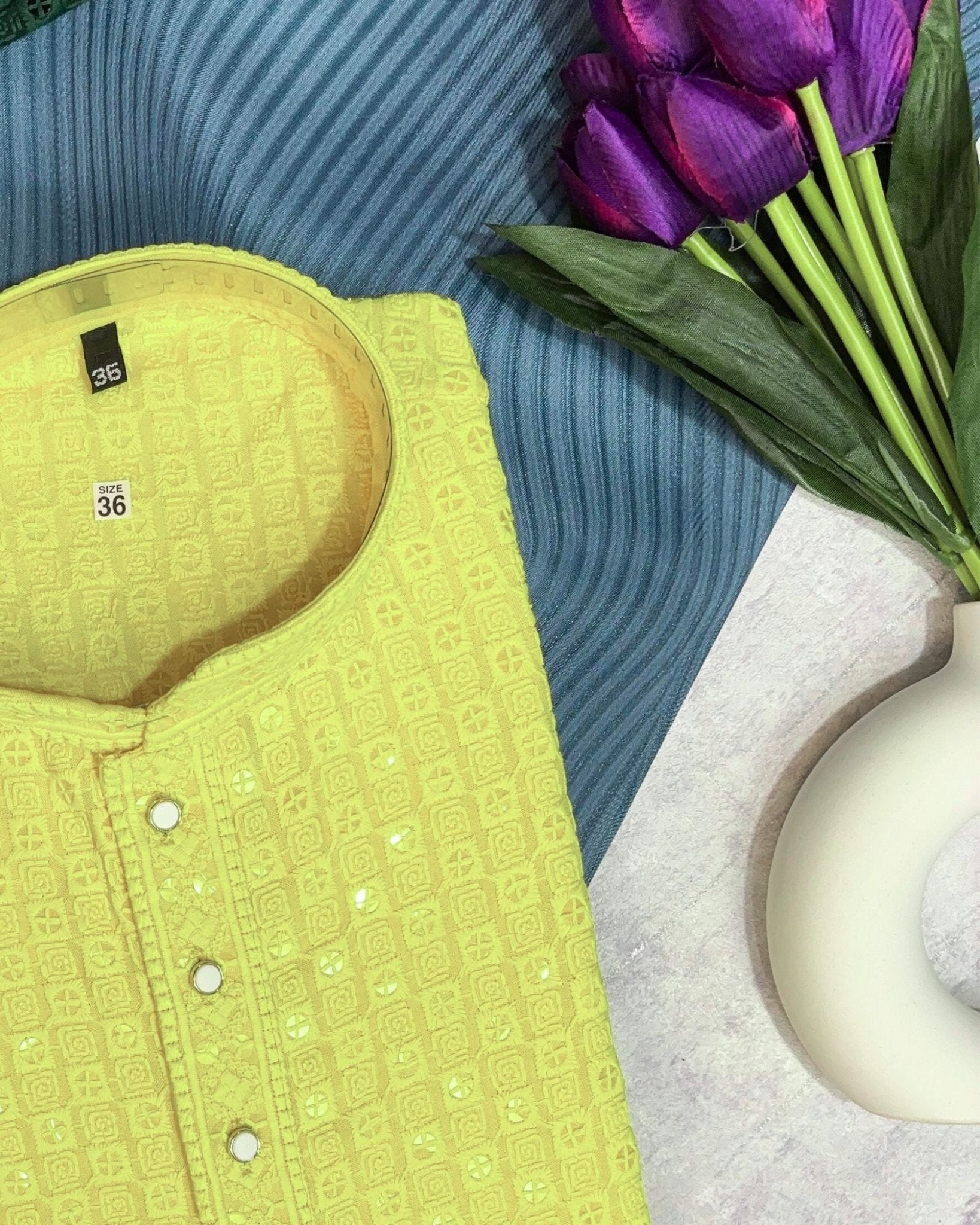 Lemon Yellow Chikankari Kurta - Jaipuri Crown
