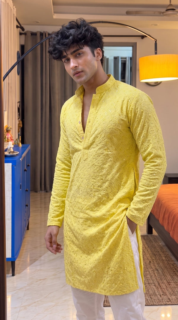 Lemon Yellow Square Lucknowi Kurta - Jaipuri Crown