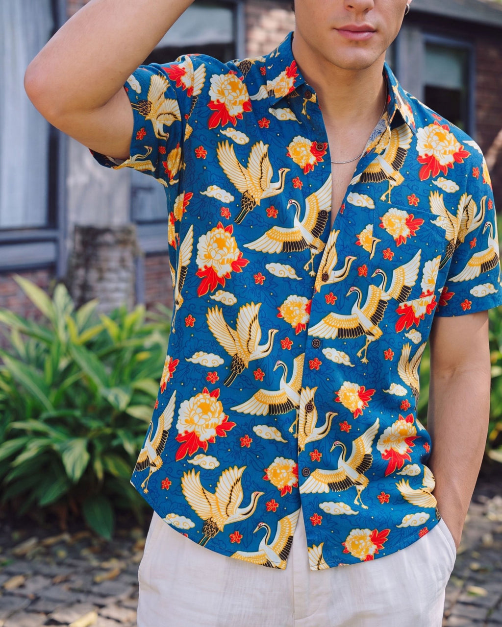 Majestic Crane – Half Sleeve Cotton Shirt - Jaipuri Crown