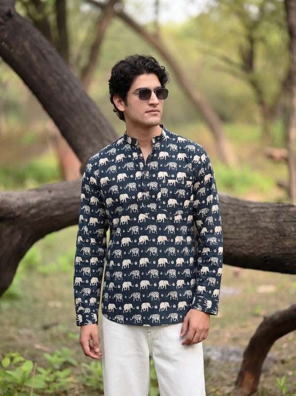 Majestic Elephants – Cotton Short Kurta in Green & Cream - Jaipuri Crown