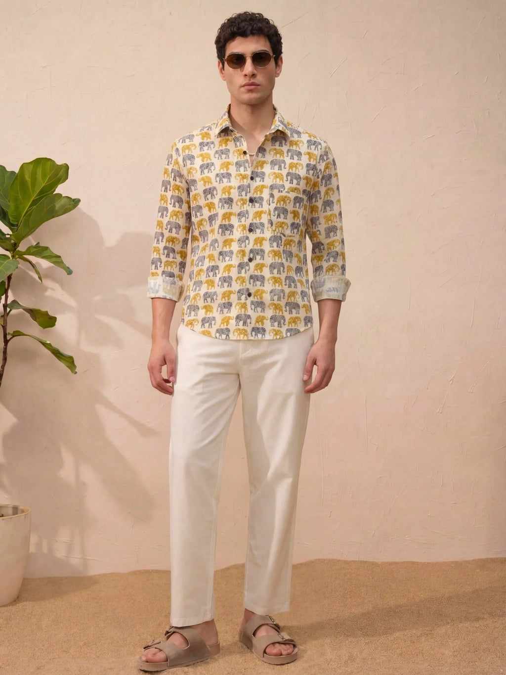 Majestic Elephants – Full Sleeve Cotton Shirt in Cream - Jaipuri Crown