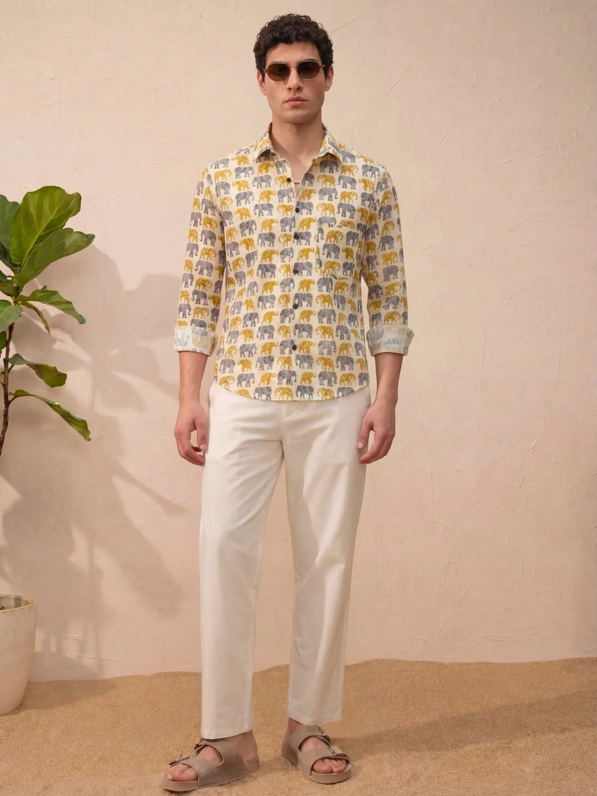 Majestic Elephants – Full Sleeve Cotton Shirt in Cream - Jaipuri Crown