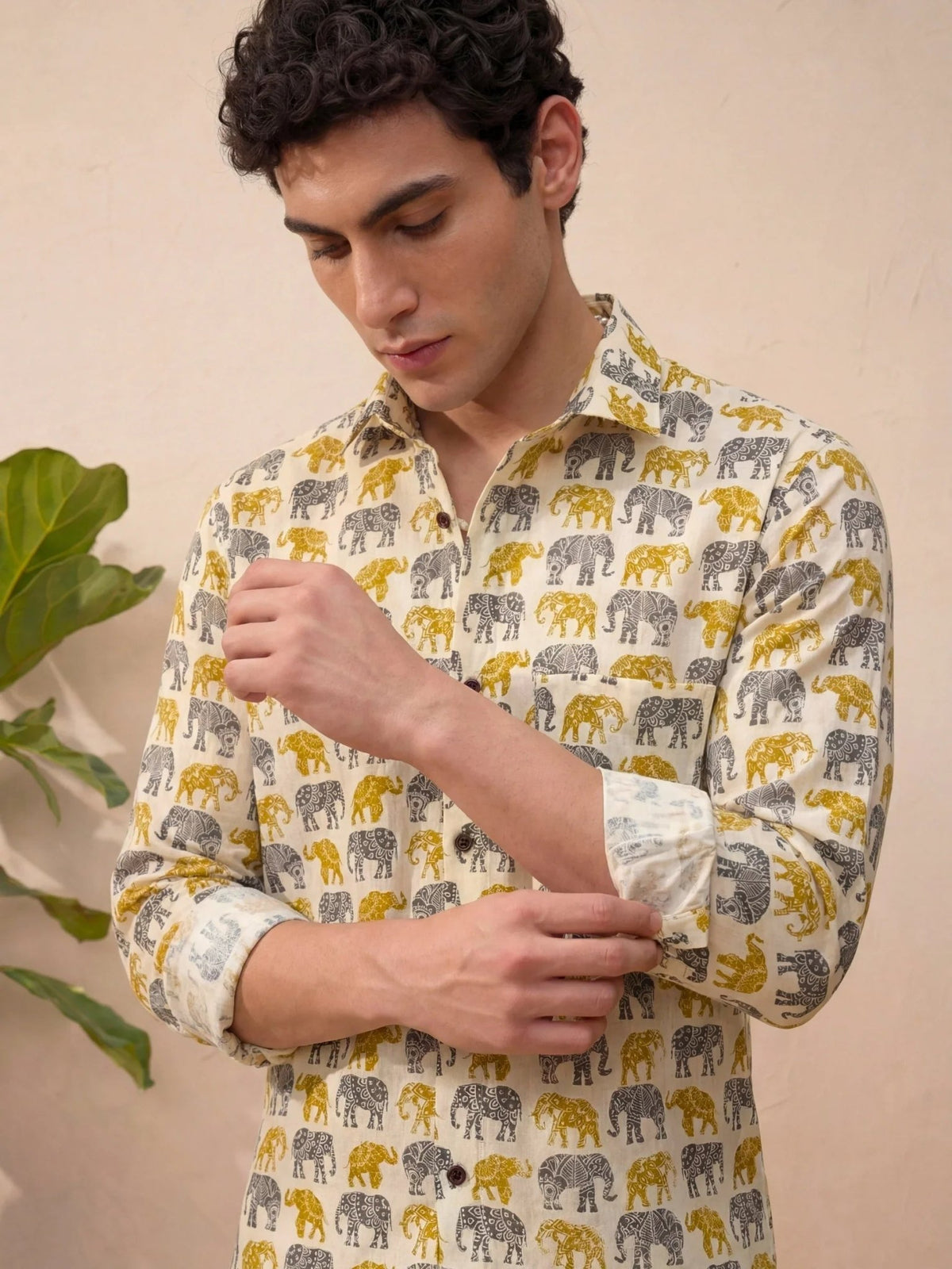 Majestic Elephants – Full Sleeve Cotton Shirt in Cream - Jaipuri Crown