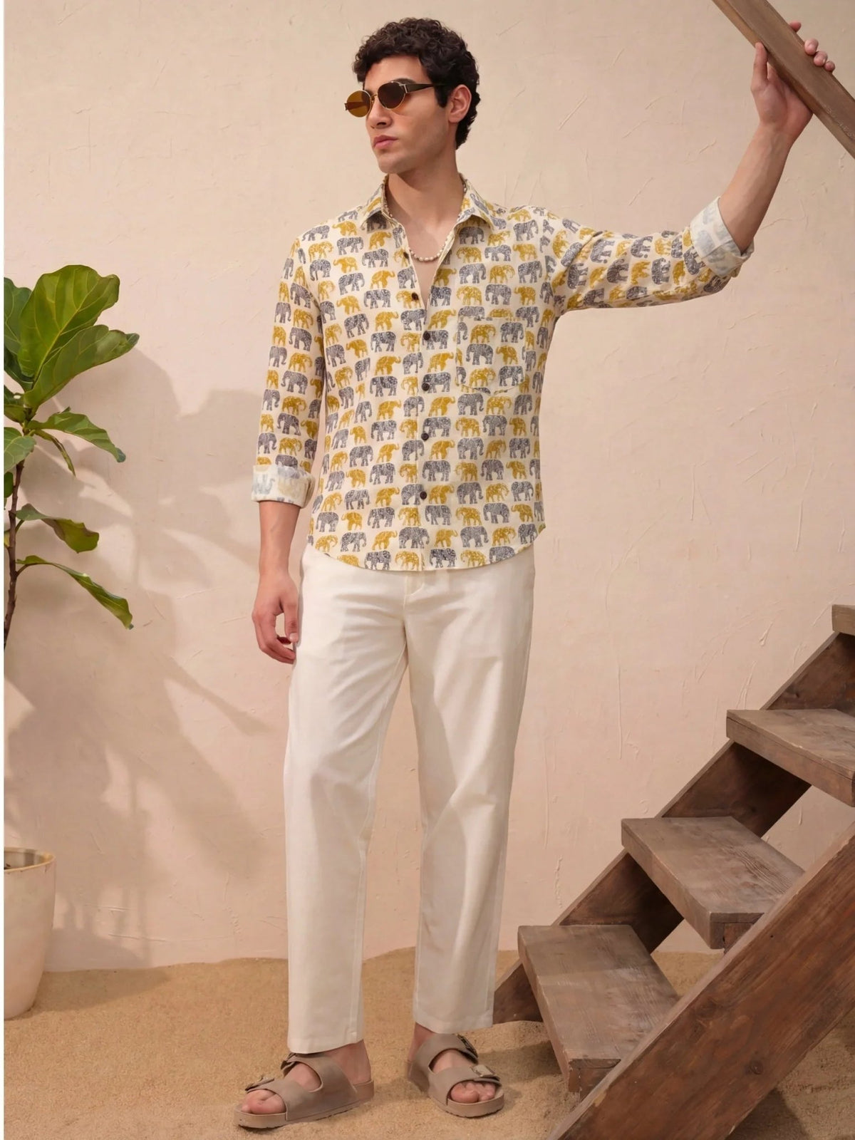 Majestic Elephants – Full Sleeve Cotton Shirt in Cream - Jaipuri Crown