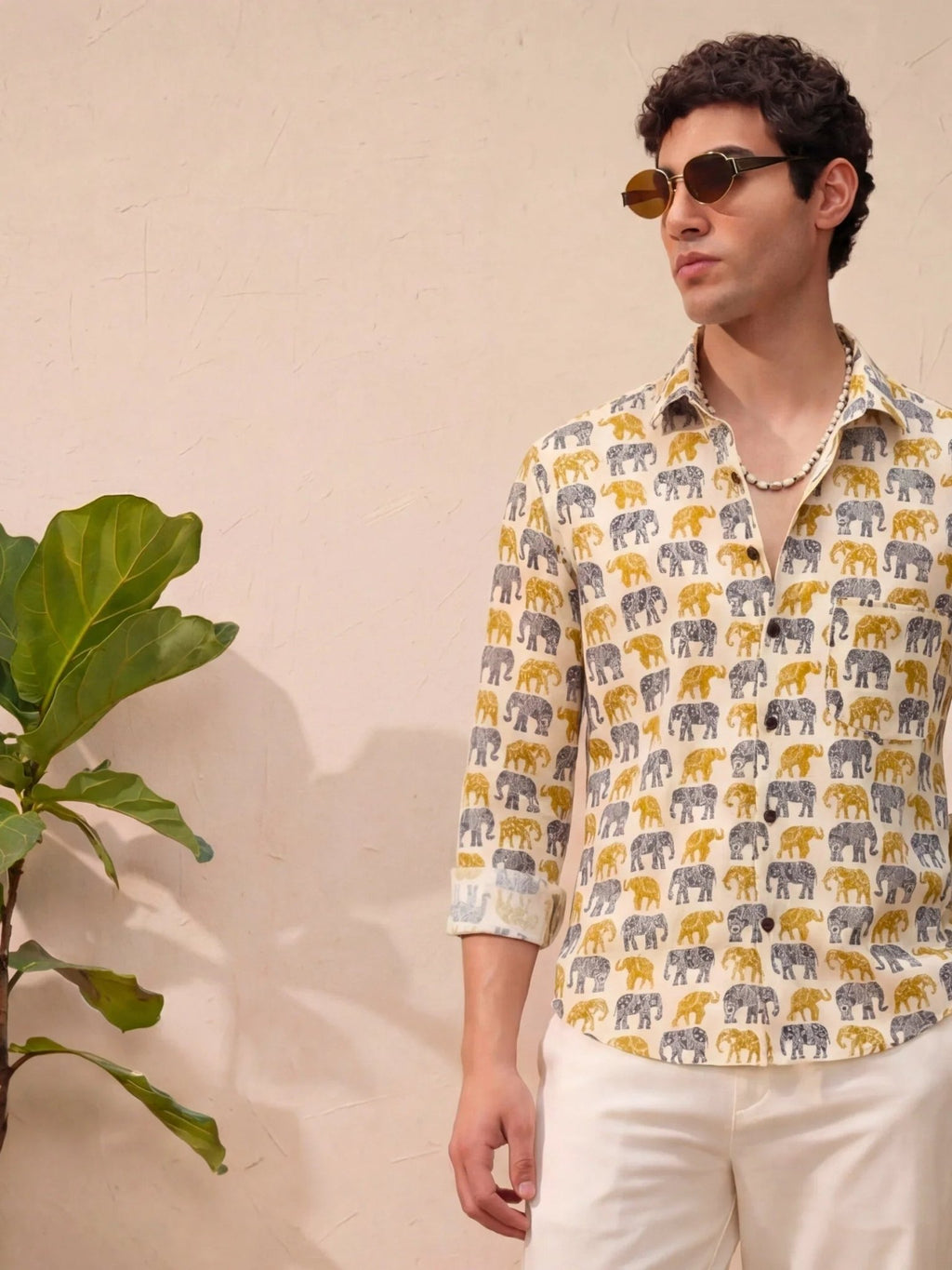 Majestic Elephants – Full Sleeve Cotton Shirt in Cream - Jaipuri Crown