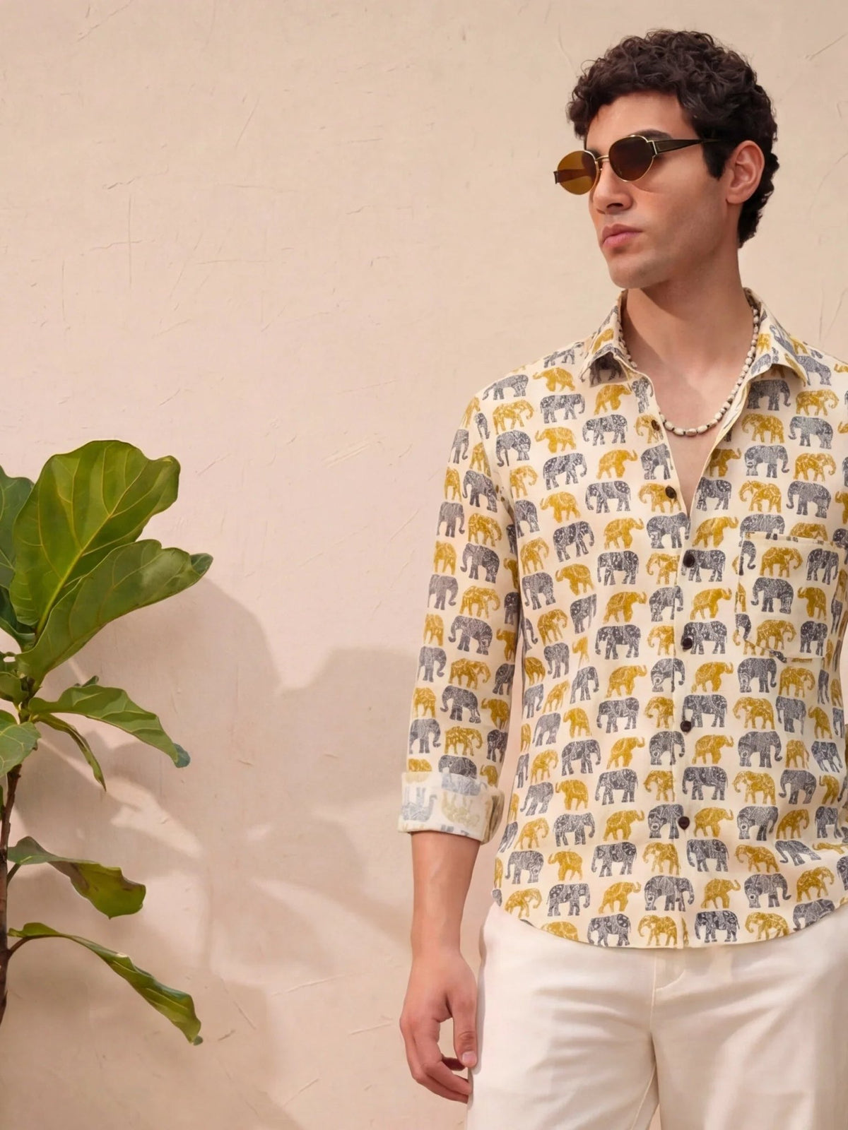 Majestic Elephants – Full Sleeve Cotton Shirt in Cream - Jaipuri Crown