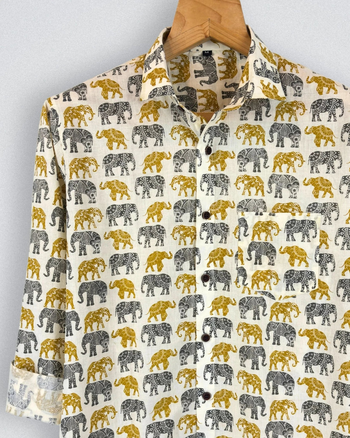 Majestic Elephants – Full Sleeve Cotton Shirt in Cream - Jaipuri Crown