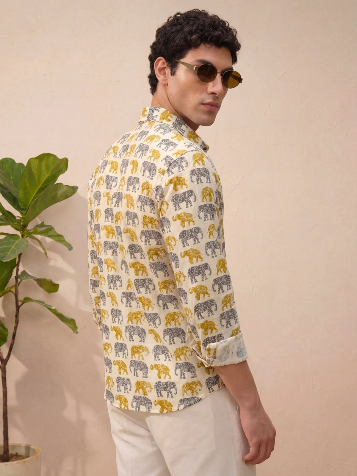 Majestic Elephants – Full Sleeve Cotton Shirt in Cream - Jaipuri Crown