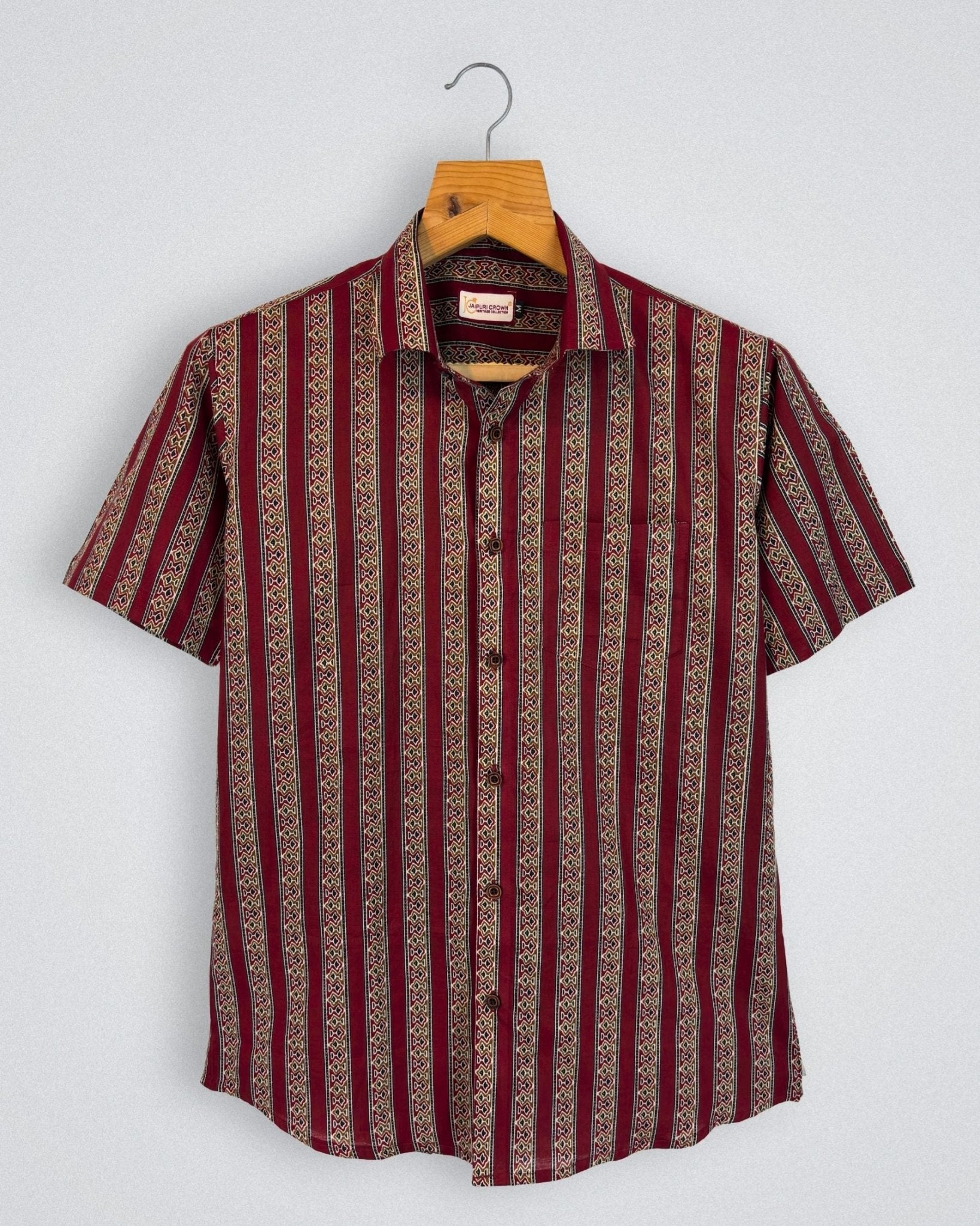 Maroon Stride – Stripe Printed Cotton Half Sleeve - Jaipuri Crown
