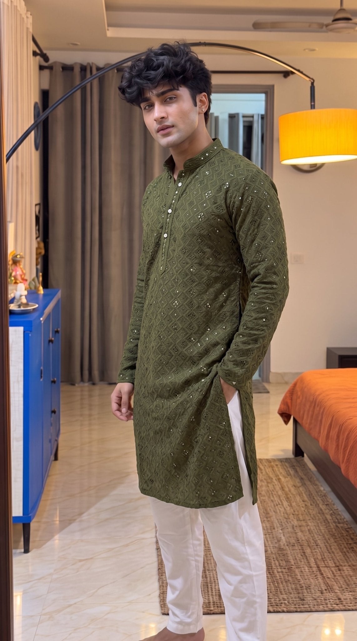 Mehandi Green Square Lucknowi Kurta - Jaipuri Crown