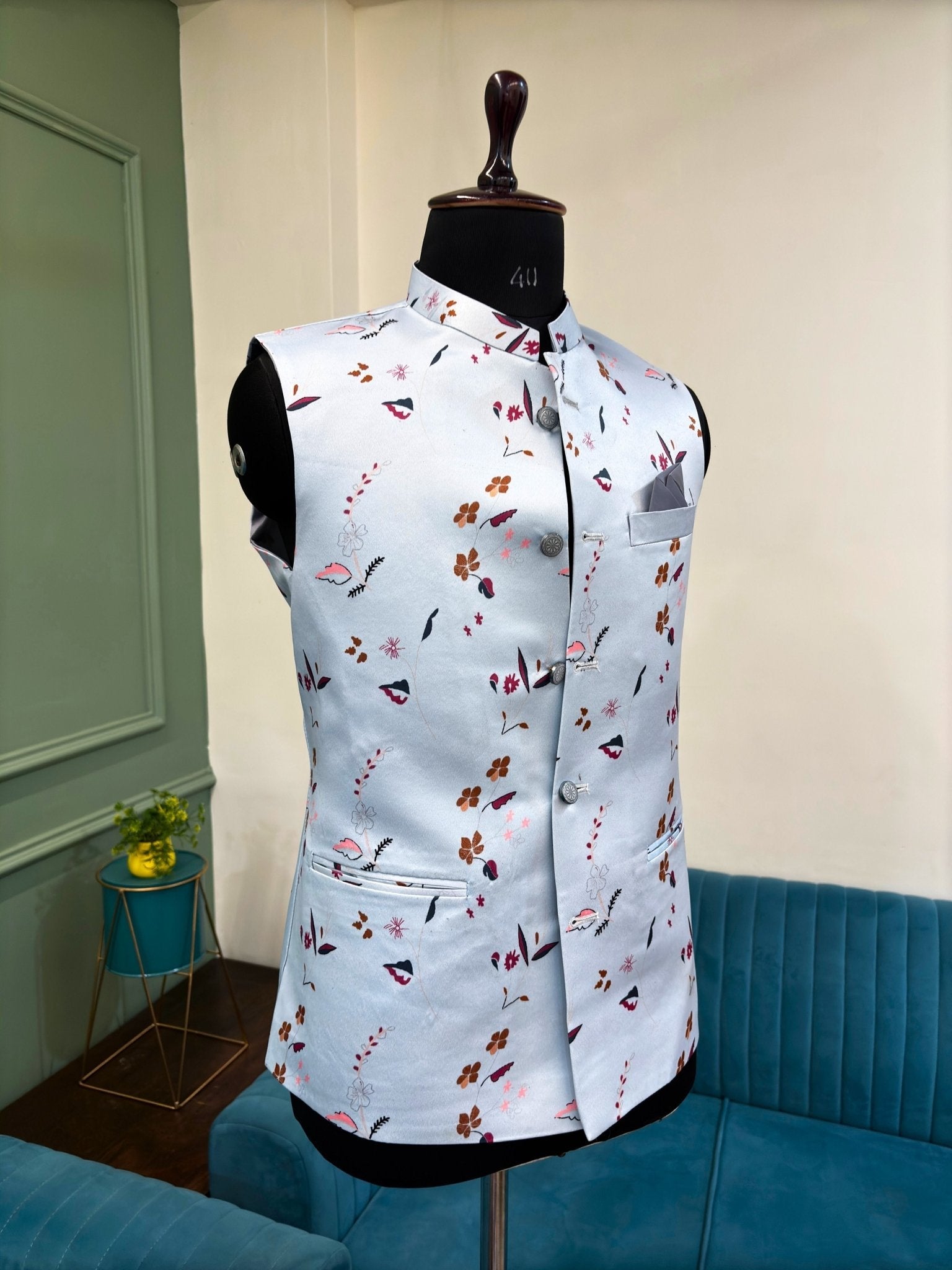 Men Aqua Blue Printed Nehru Jacket - Jaipuri Crown