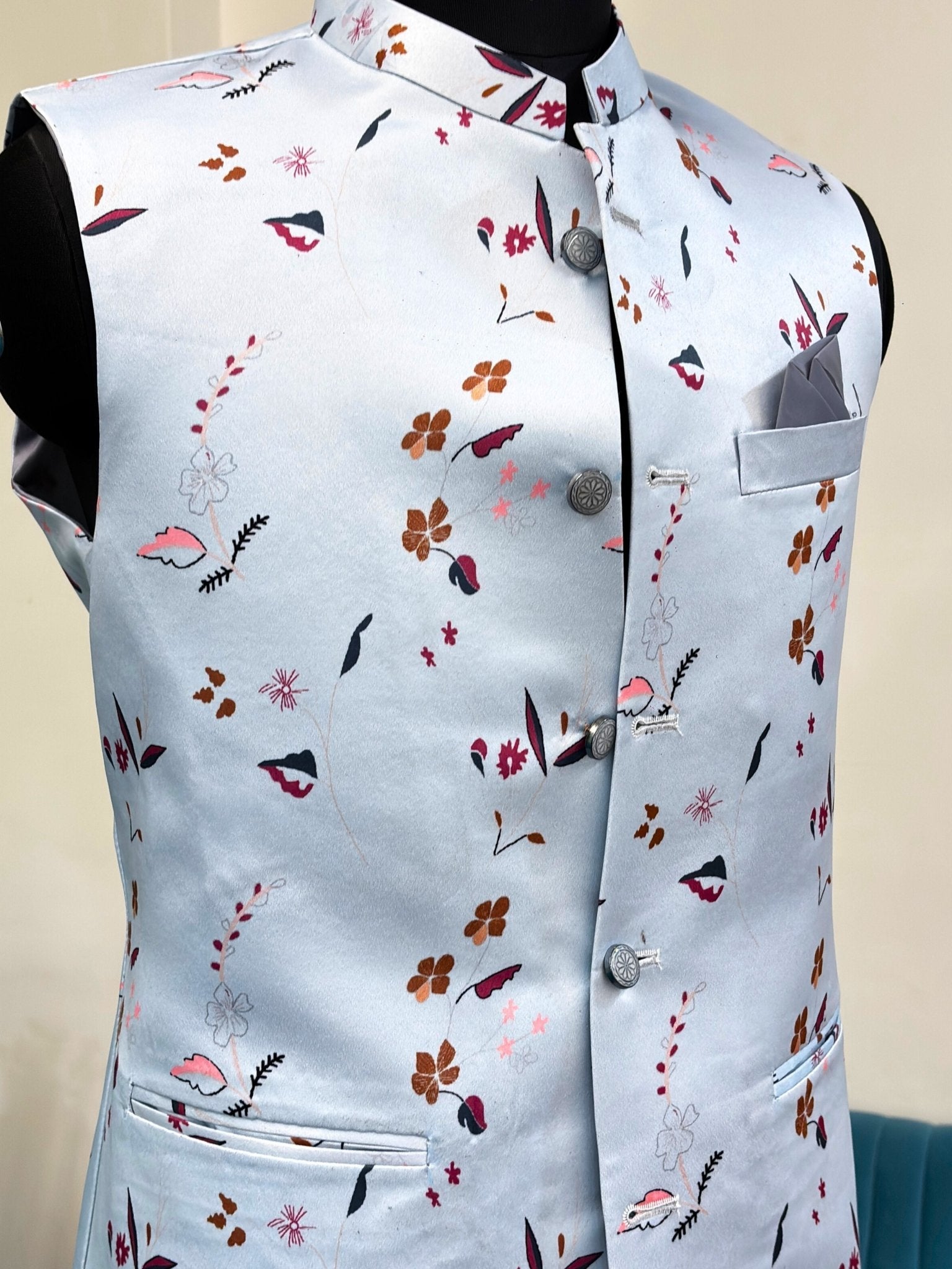 Men Aqua Blue Printed Nehru Jacket - Jaipuri Crown