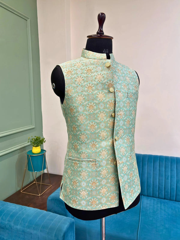 Men Blue Jacquard Nehru Jacket - Jaipuri Crown