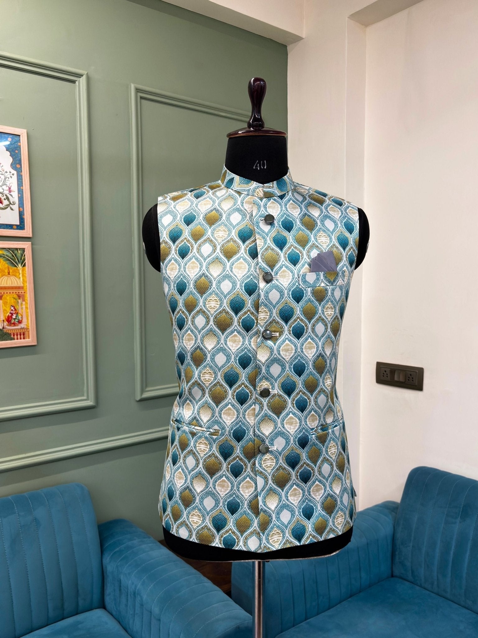 Men Blue Printed Nehru Jacket - Jaipuri Crown