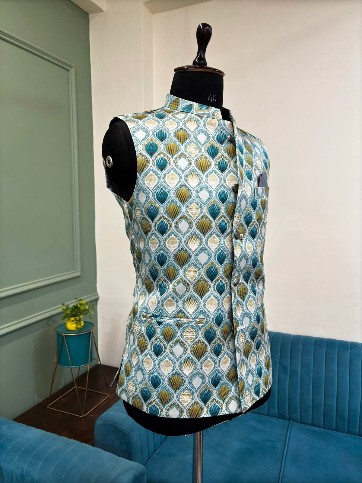Men Blue Printed Nehru Jacket - Jaipuri Crown