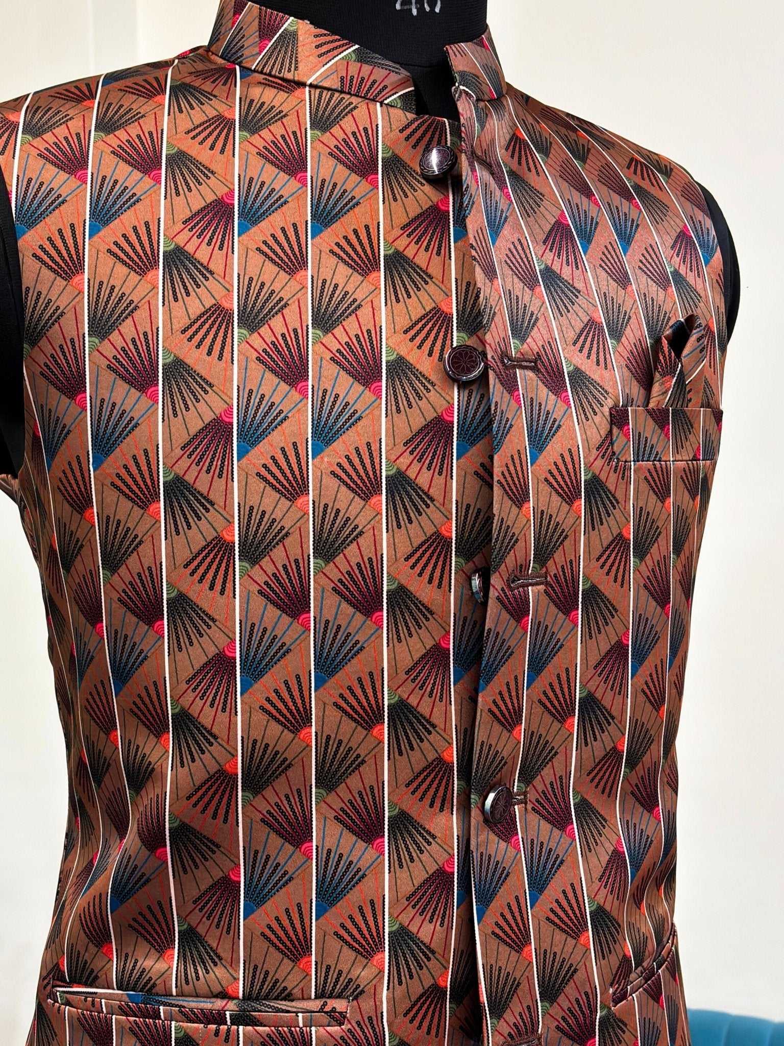 Men Brown Printed Nehru Jacket - Jaipuri Crown