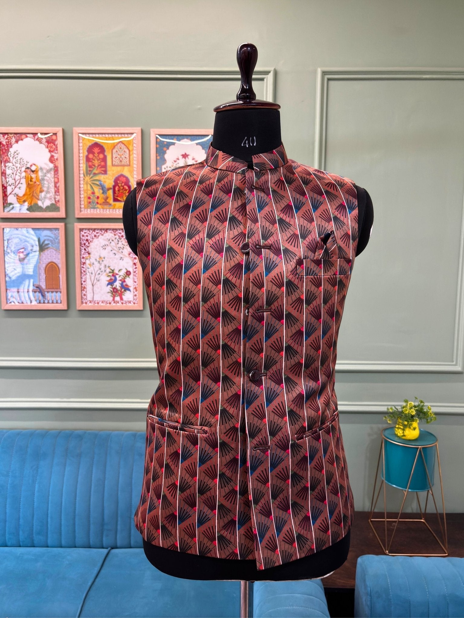 Men Brown Printed Nehru Jacket - Jaipuri Crown