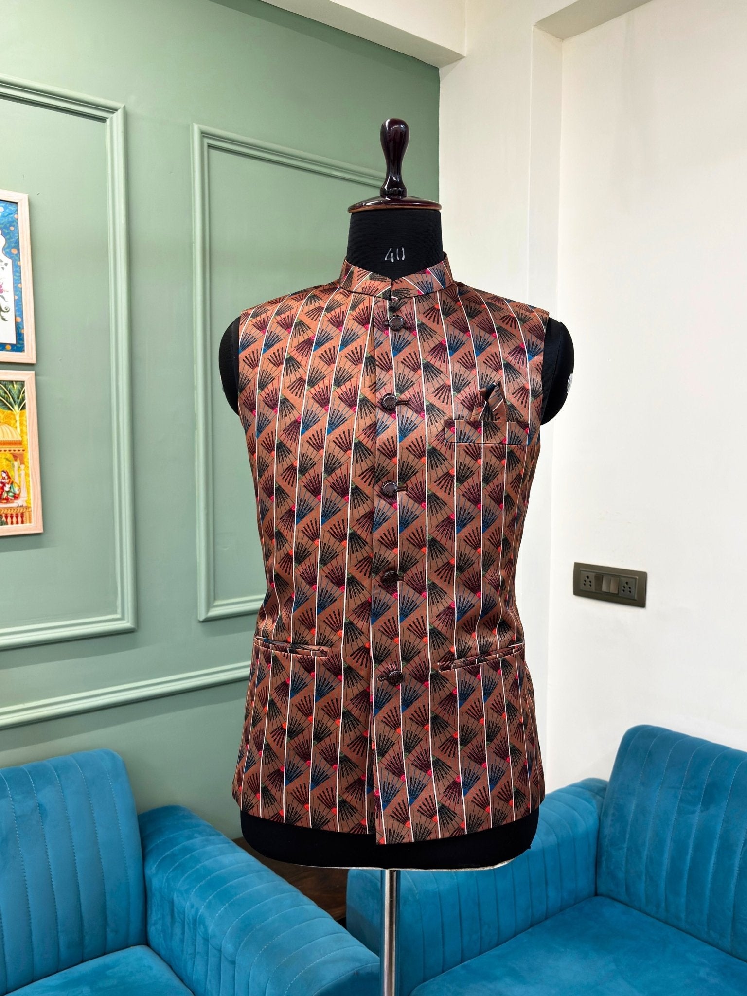 Men Brown Printed Nehru Jacket - Jaipuri Crown