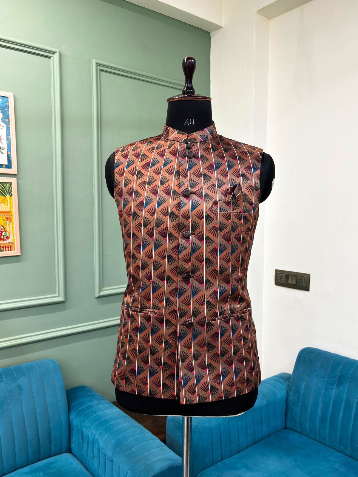 Men Brown Printed Nehru Jacket - Jaipuri Crown