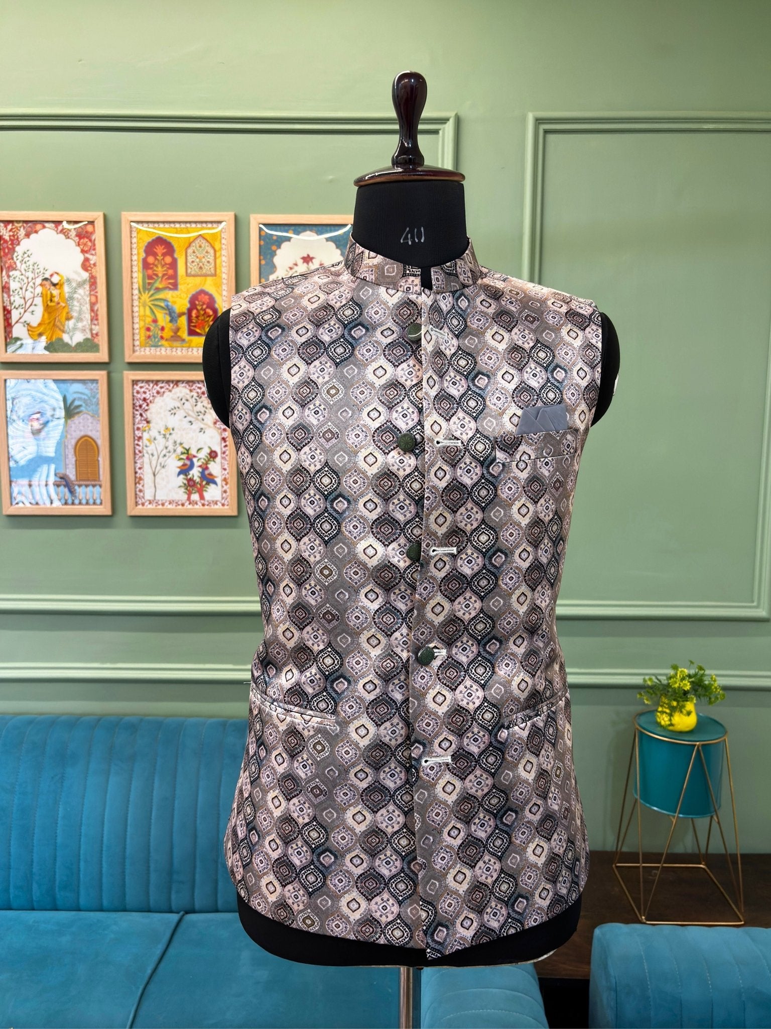 Men Charcoal Grey Printed Nehru Jacket - Jaipuri Crown