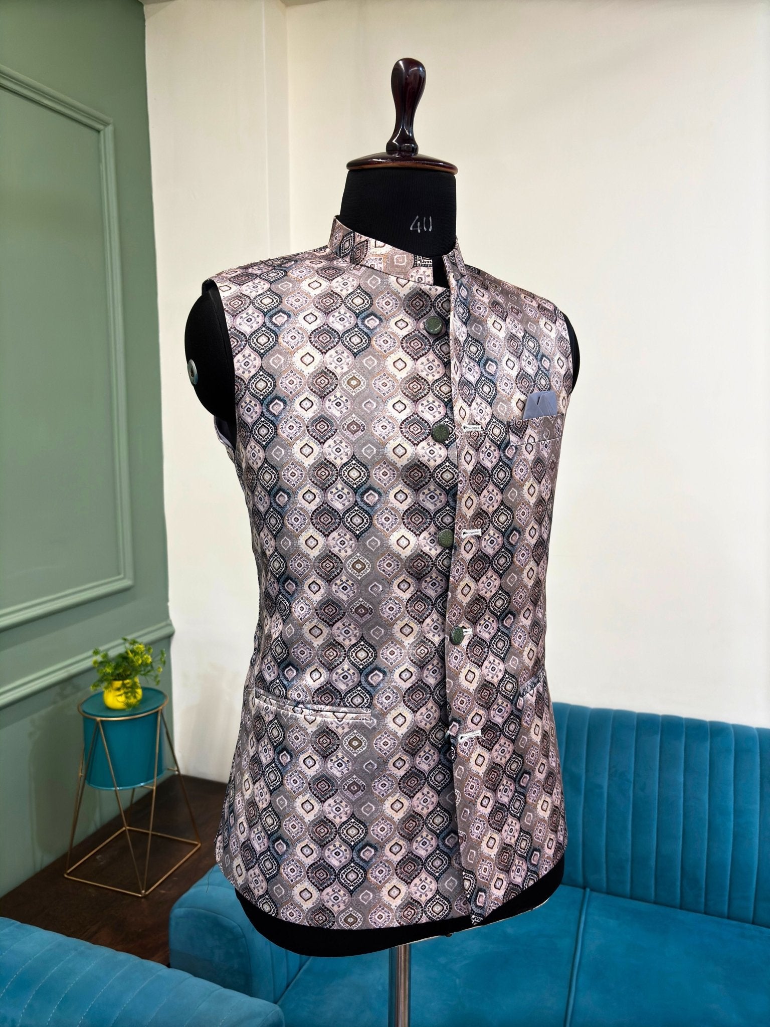 Men Charcoal Grey Printed Nehru Jacket - Jaipuri Crown