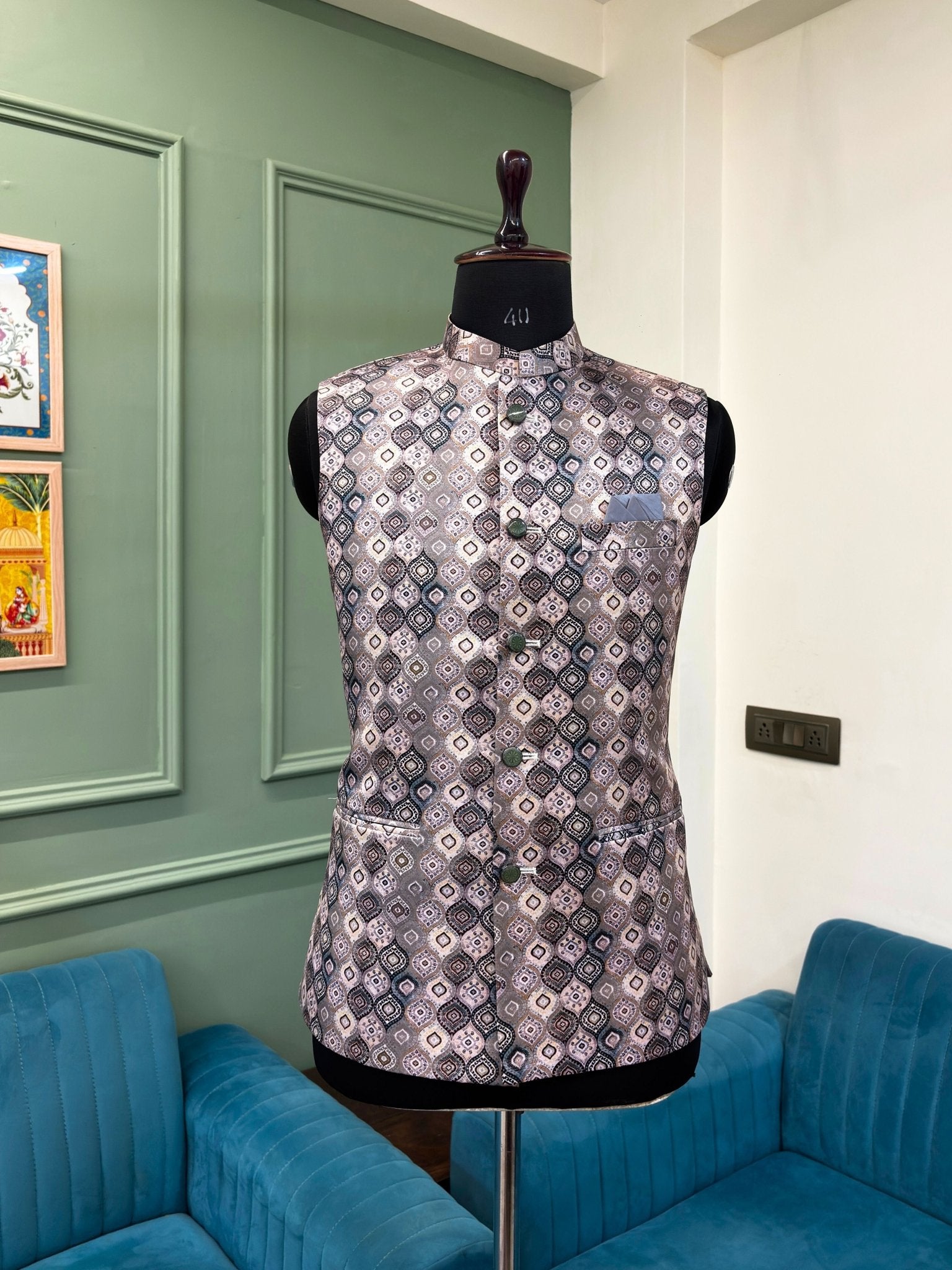 Men Charcoal Grey Printed Nehru Jacket - Jaipuri Crown