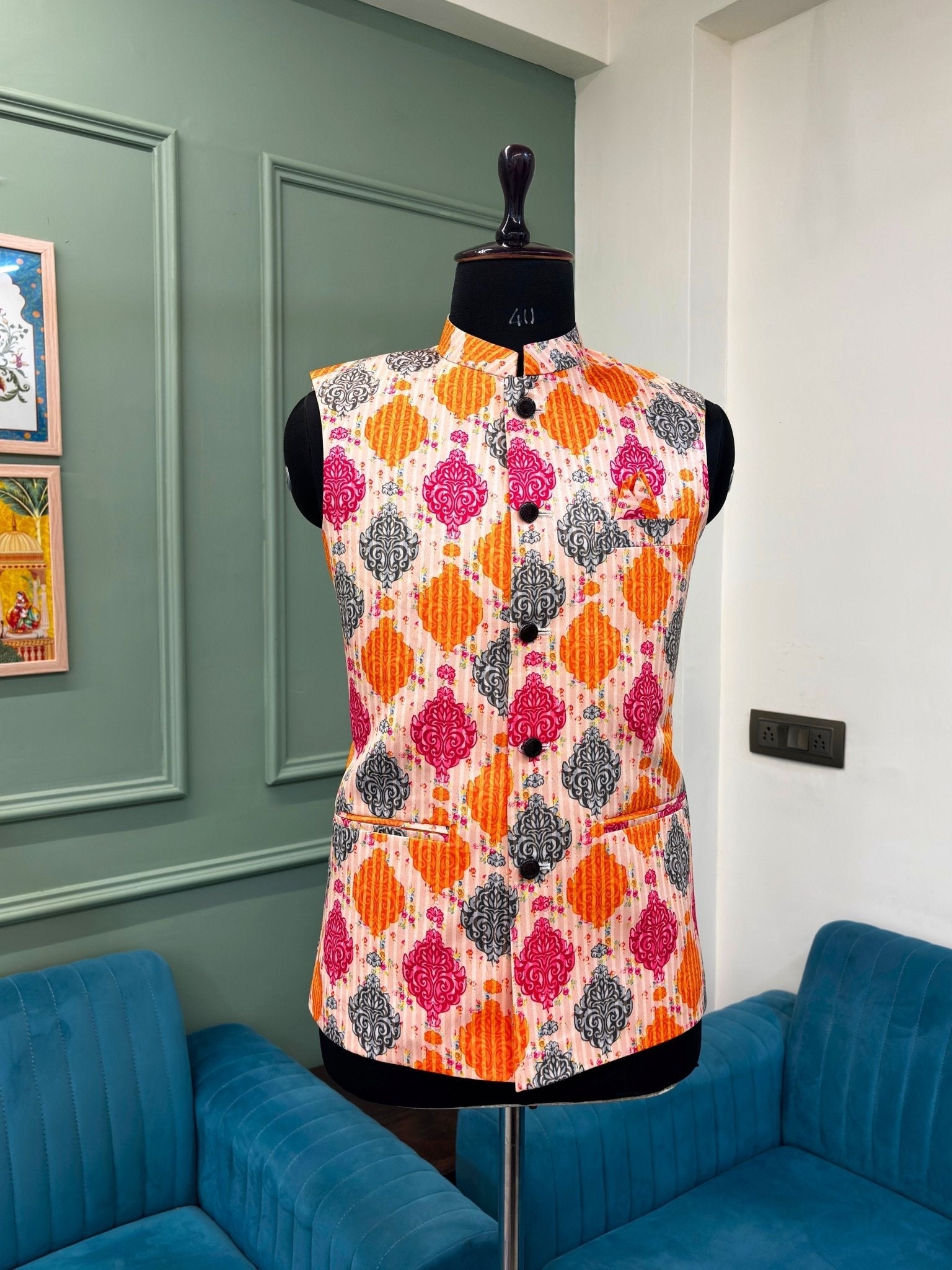 Men Cream Printed Nehru Jacket - Jaipuri Crown