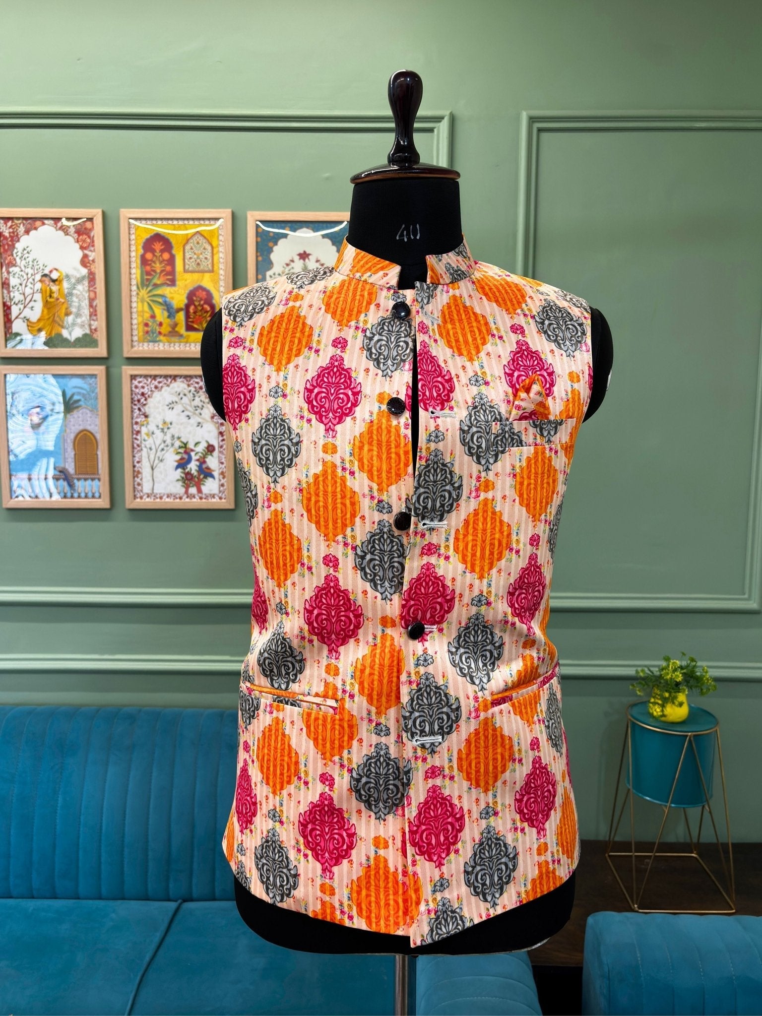 Men Cream Printed Nehru Jacket - Jaipuri Crown