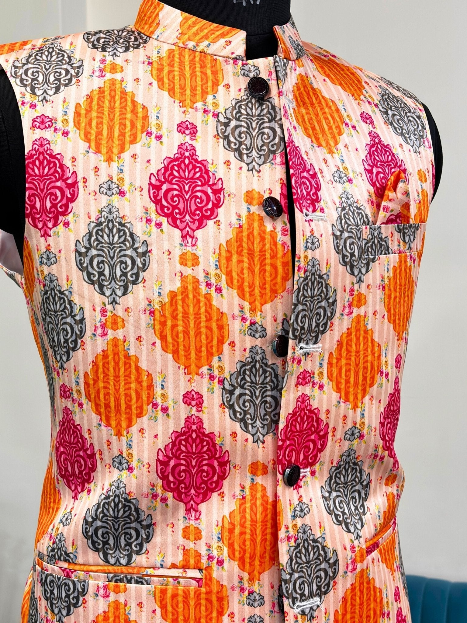 Men Cream Printed Nehru Jacket - Jaipuri Crown